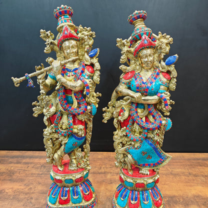 Brass Radha Krishna Idols with Stone Work 29 Inches by vendor-unknown - Hindu Gods (View 5)