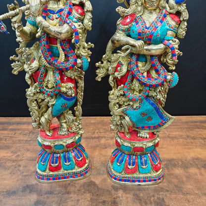 Brass Radha Krishna Idols with Stone Work 29 Inches by vendor-unknown - Hindu Gods (View 6)