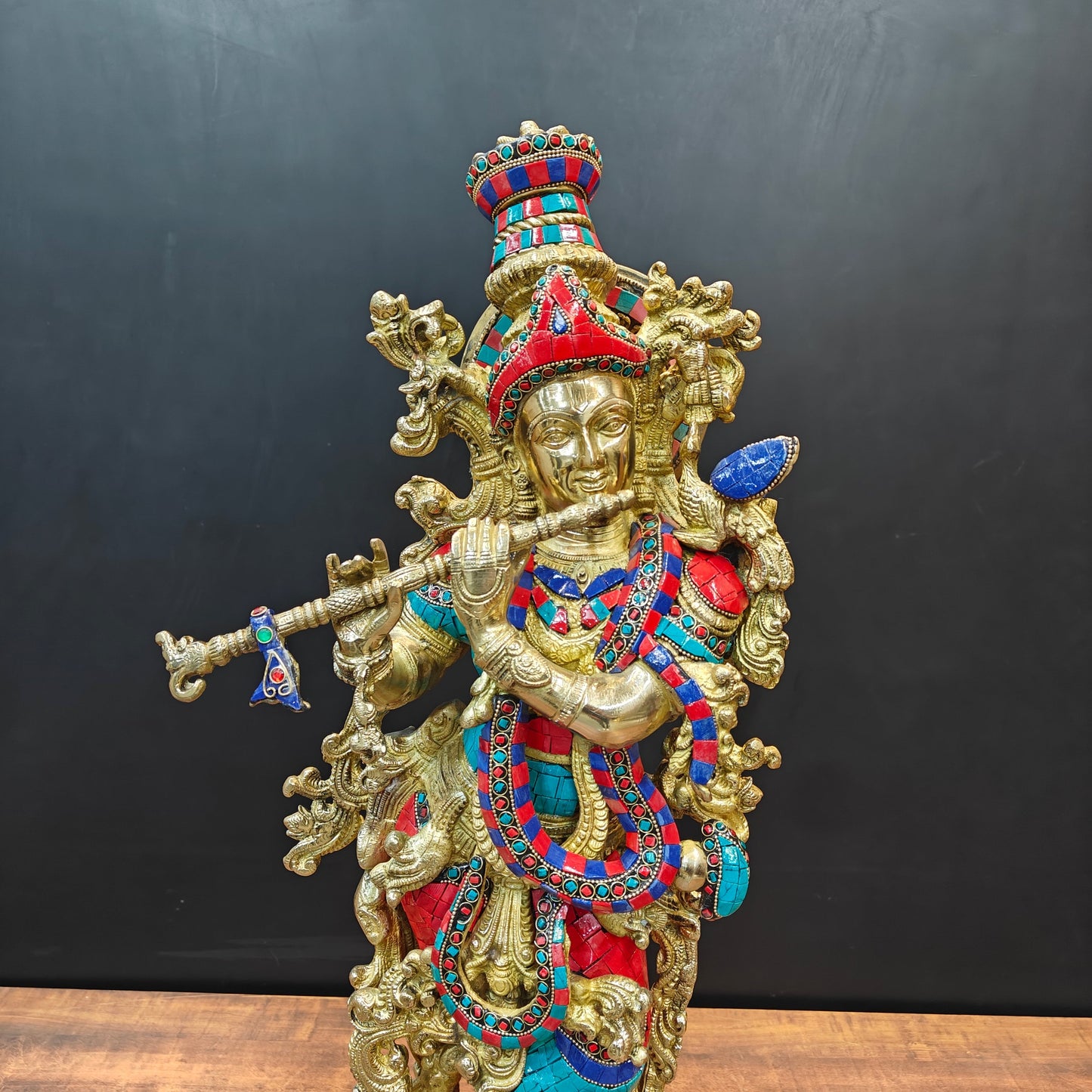 Divine Brass Krishna Statue With Stone Work 29 Inch