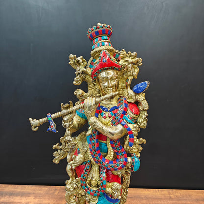 Divine Brass Krishna Statue With Stone Work 29 Inch by vendor-unknown - Hindu Gods (View 2)