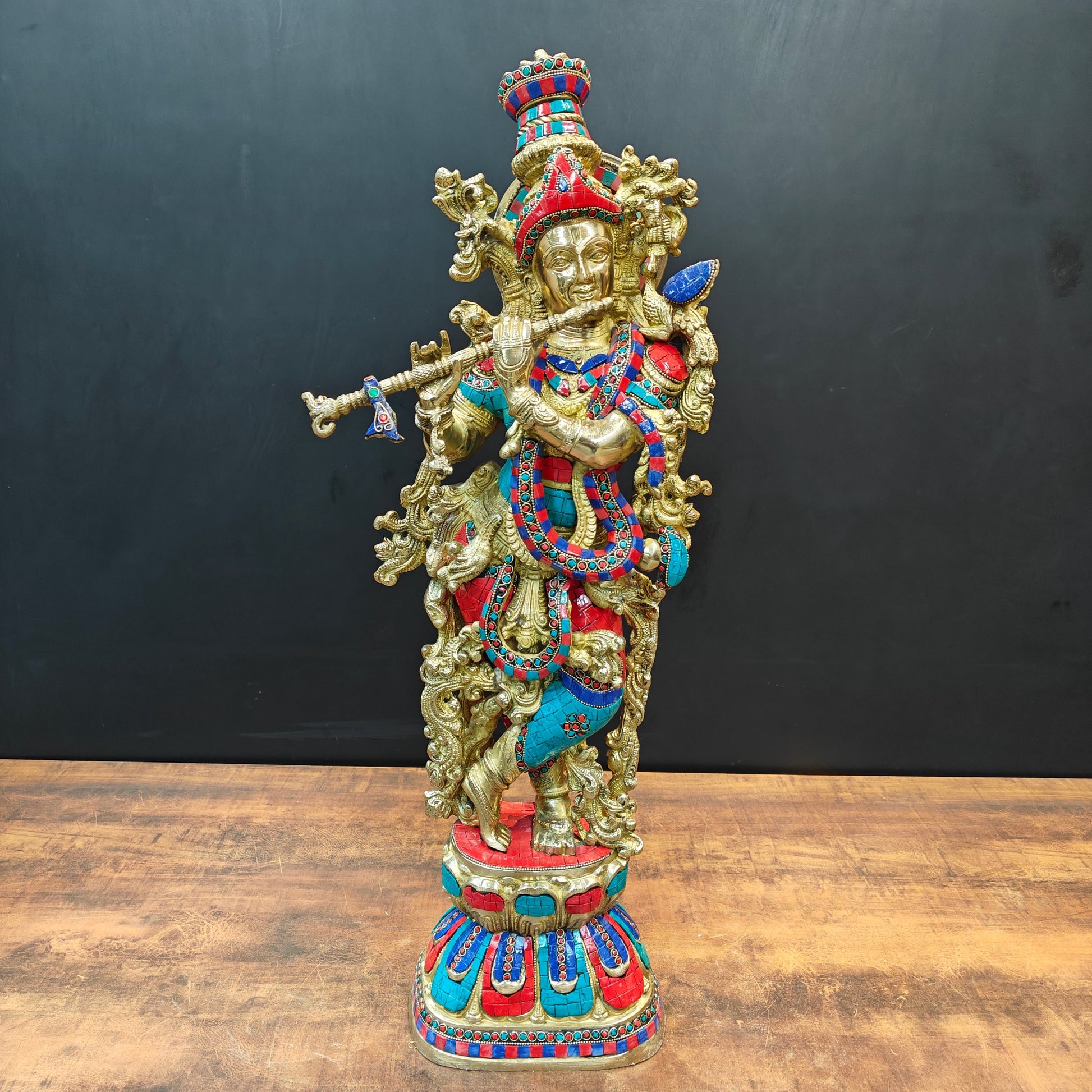 Divine Brass Krishna Statue With Stone Work 29 Inch - Image 3