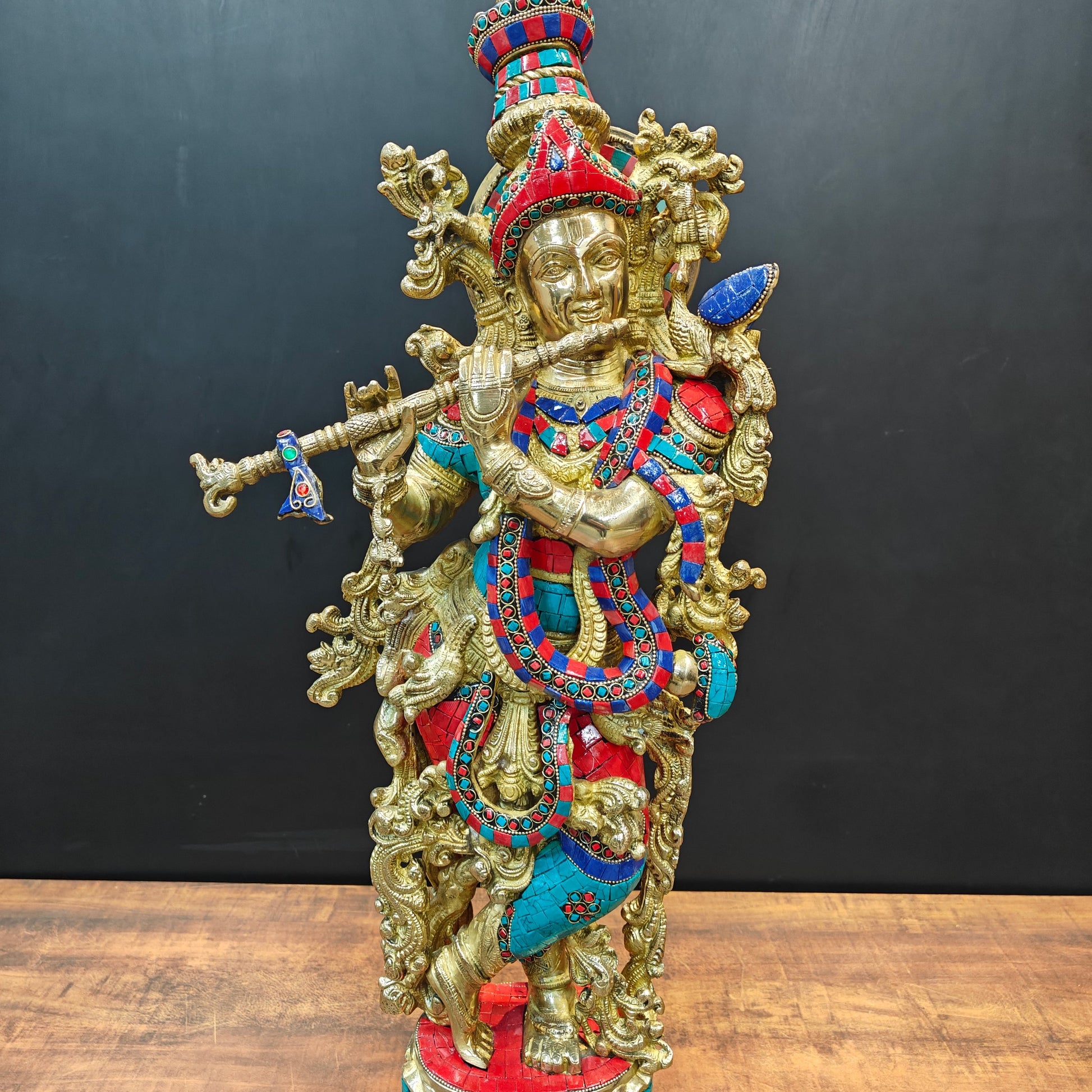 Divine Brass Krishna Statue With Stone Work 29 Inch - Image 4