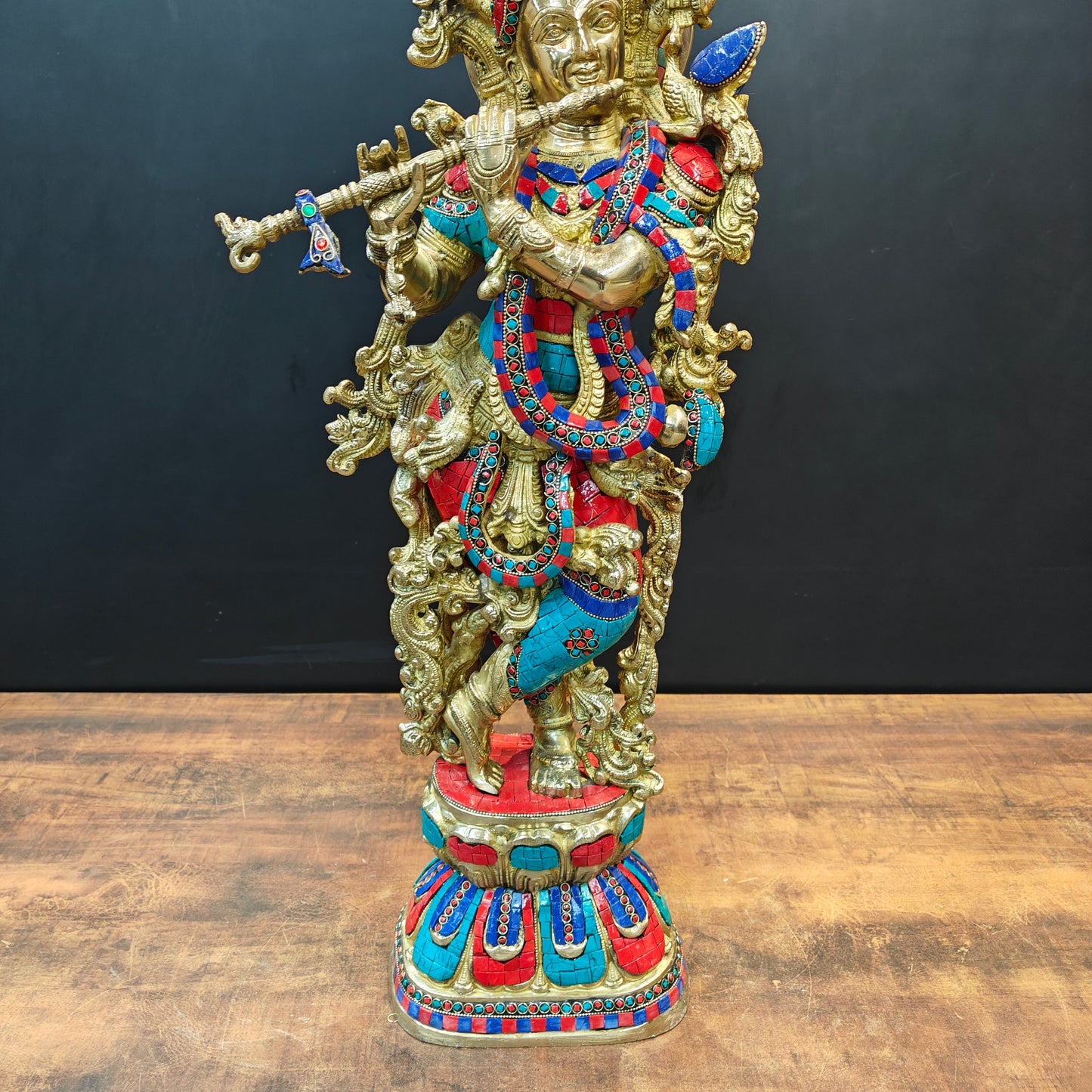 Divine Brass Krishna Statue With Stone Work 29 Inch