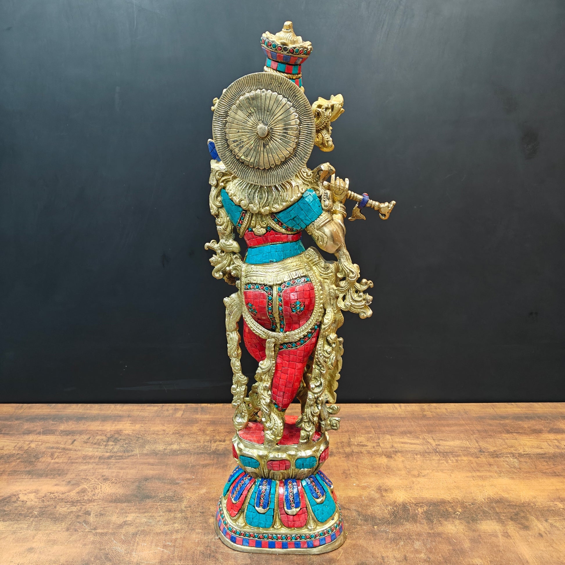 Divine Brass Krishna Statue With Stone Work 29 Inch - Image 6