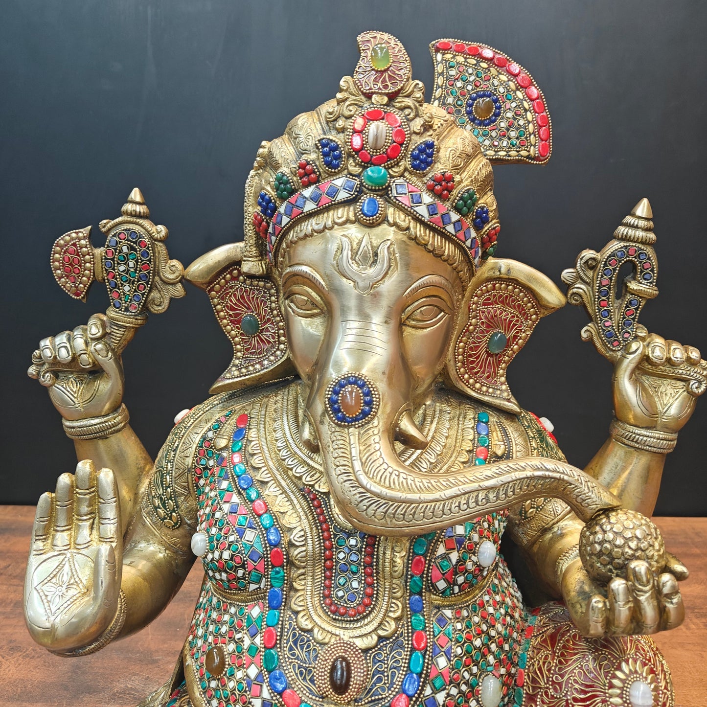 Brass Ganesha Idol Wearing a Turban With Stone Work 21 Inches