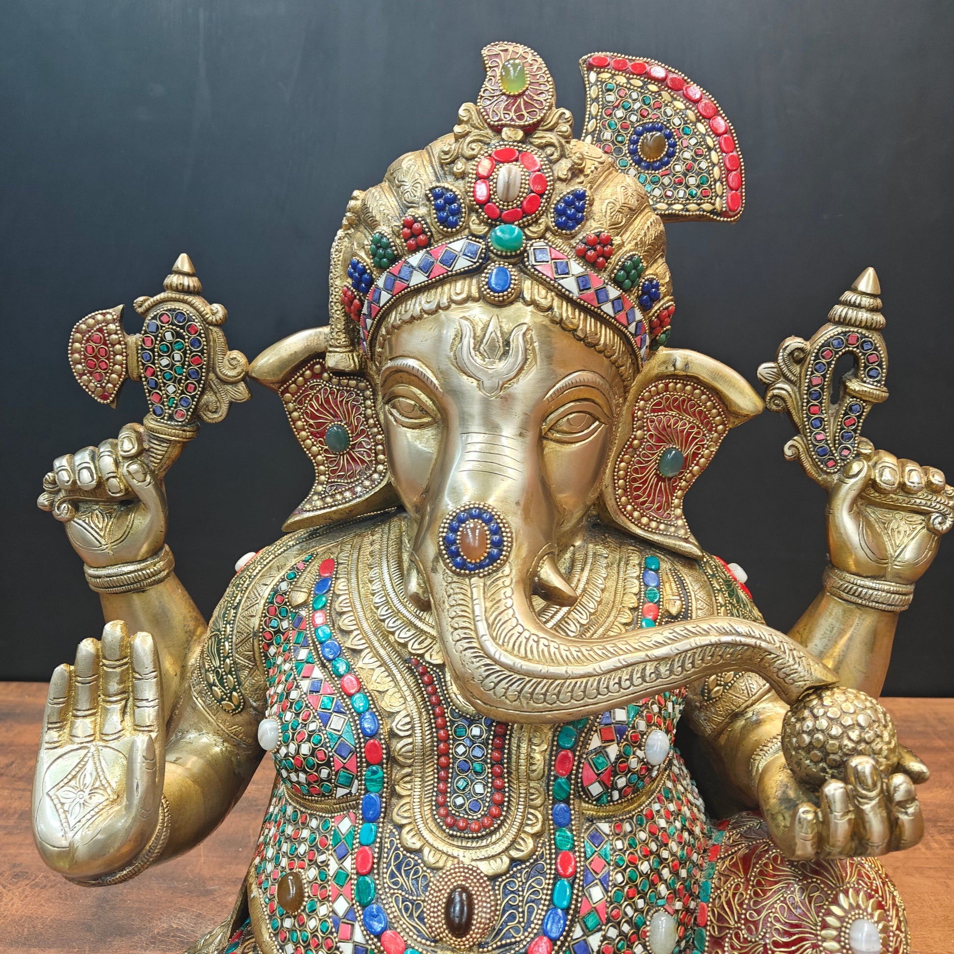 Brass Ganesha Idol Wearing a Turban With Stone Work 21 Inches - Image 2