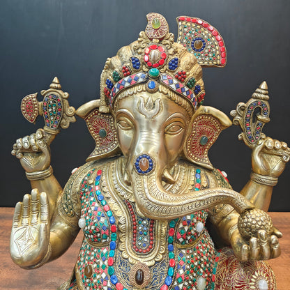 Brass Ganesha Idol Wearing a Turban With Stone Work 21 Inches by vendor-unknown - Hindu Gods (View 2)