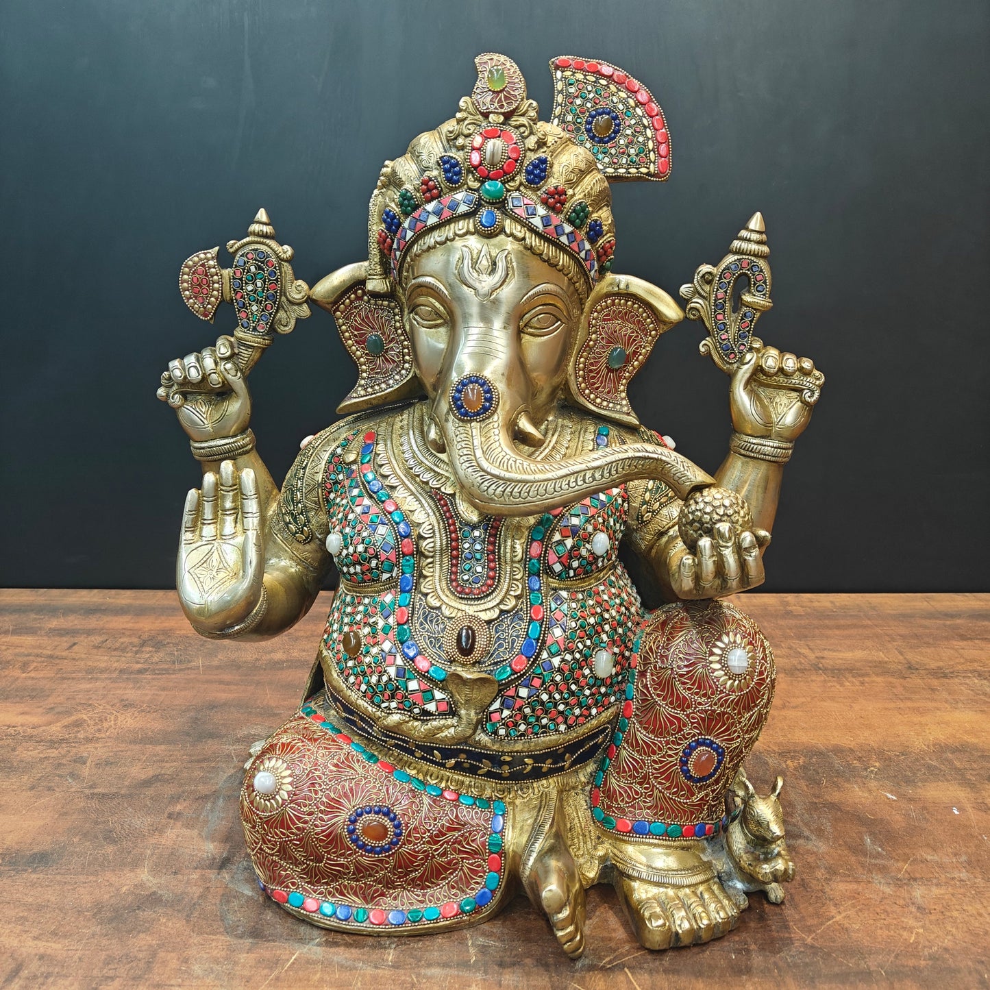 Brass Ganesha Idol Wearing a Turban With Stone Work 21 Inches