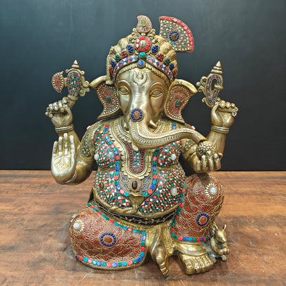 Brass Ganesha Idol Wearing a Turban With Stone Work 21 Inches by vendor-unknown - Hindu Gods (View 3)