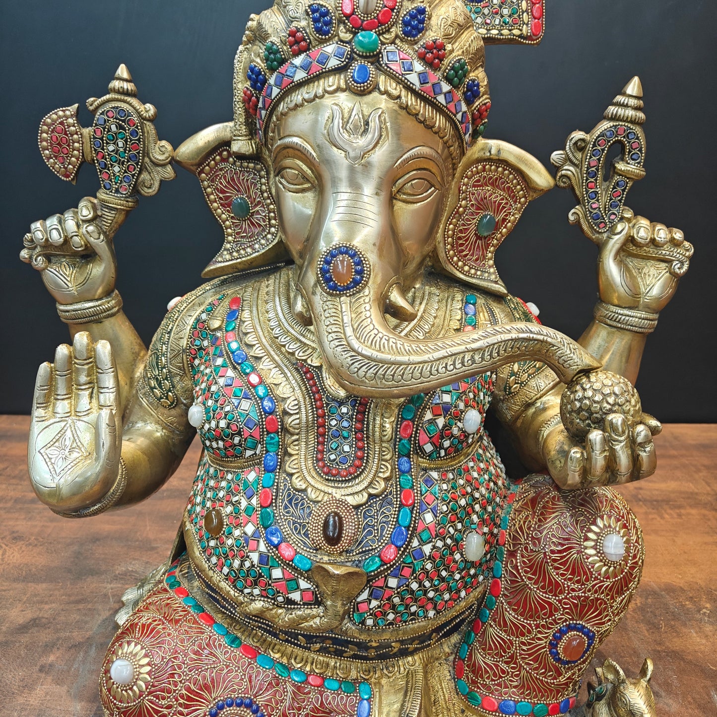 Brass Ganesha Idol Wearing a Turban With Stone Work 21 Inches