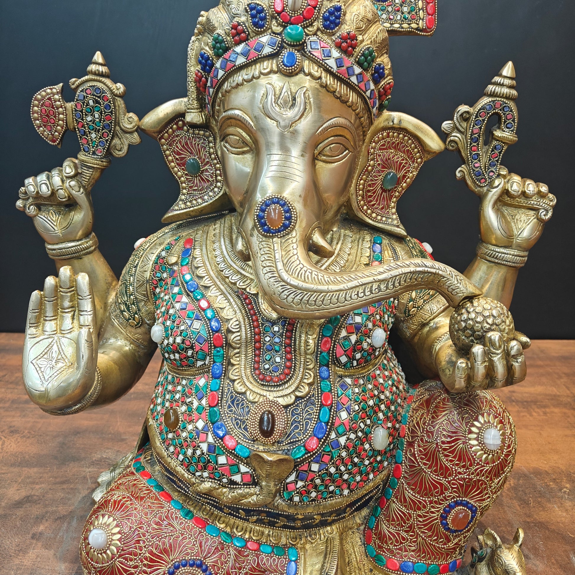 Brass Ganesha Idol Wearing a Turban With Stone Work 21 Inches - Image 4