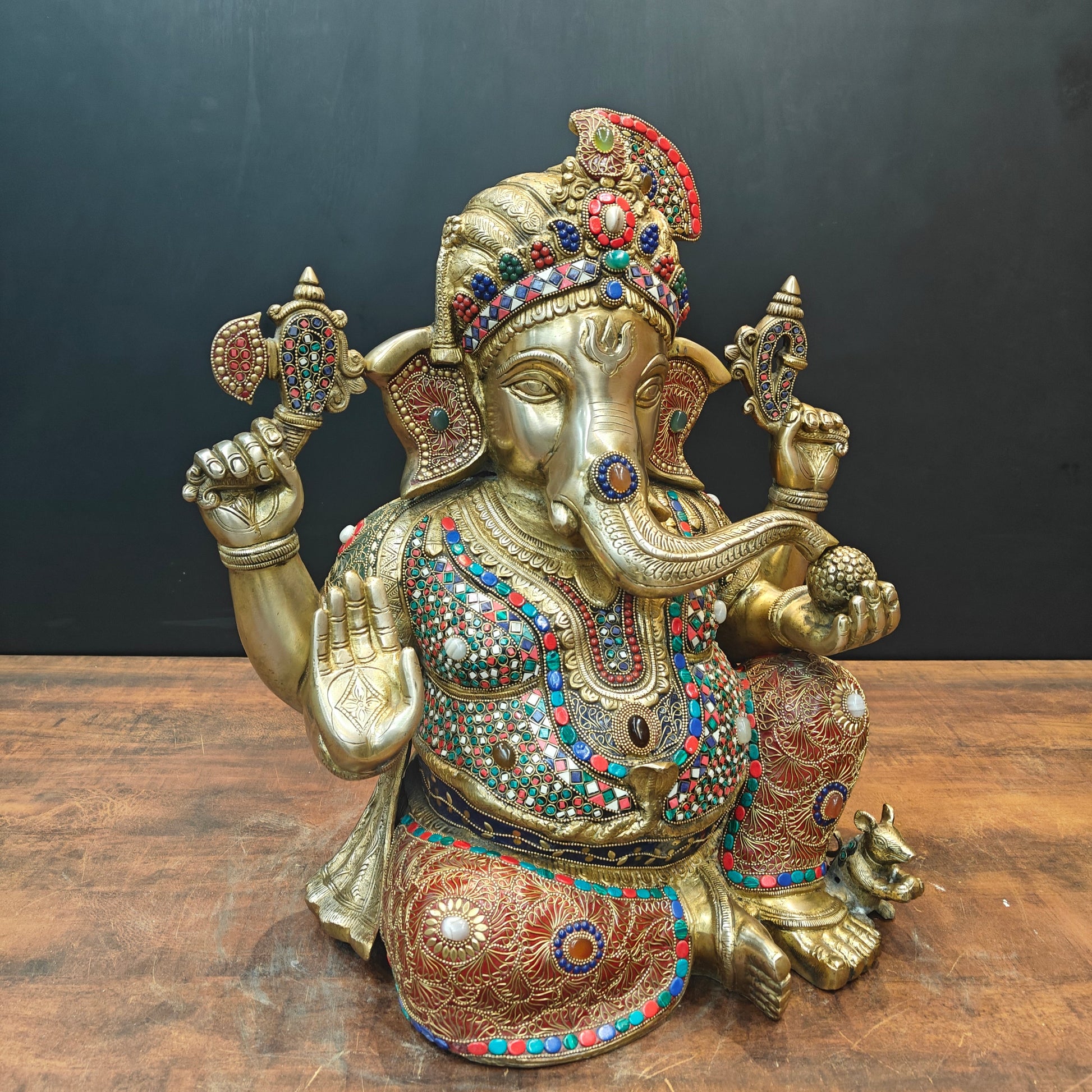 Brass Ganesha Idol Wearing a Turban With Stone Work 21 Inches - Image 5
