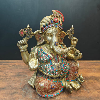 Brass Ganesha Idol Wearing a Turban With Stone Work 21 Inches by vendor-unknown - Hindu Gods (View 5)