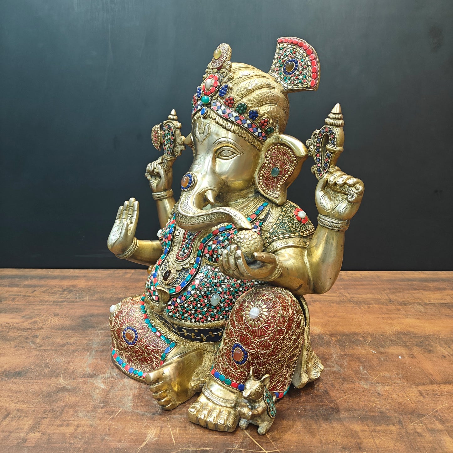 Brass Ganesha Idol Wearing a Turban With Stone Work 21 Inches