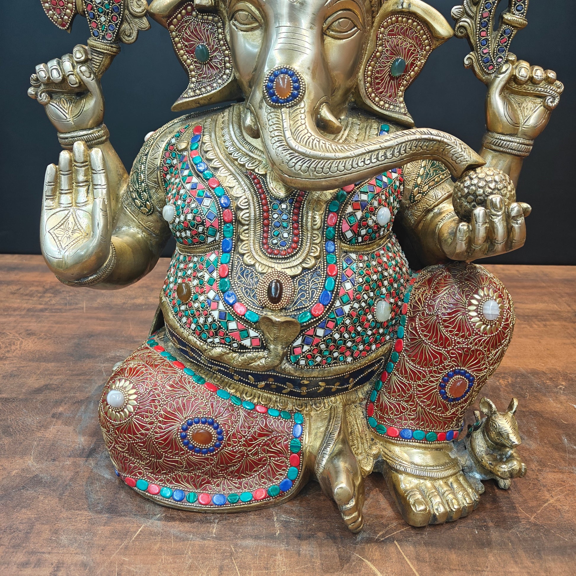 Brass Ganesha Idol Wearing a Turban With Stone Work 21 Inches - Image 7