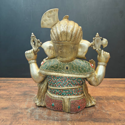 Brass Ganesha Idol Wearing a Turban With Stone Work 21 Inches by vendor-unknown - Hindu Gods (View 8)