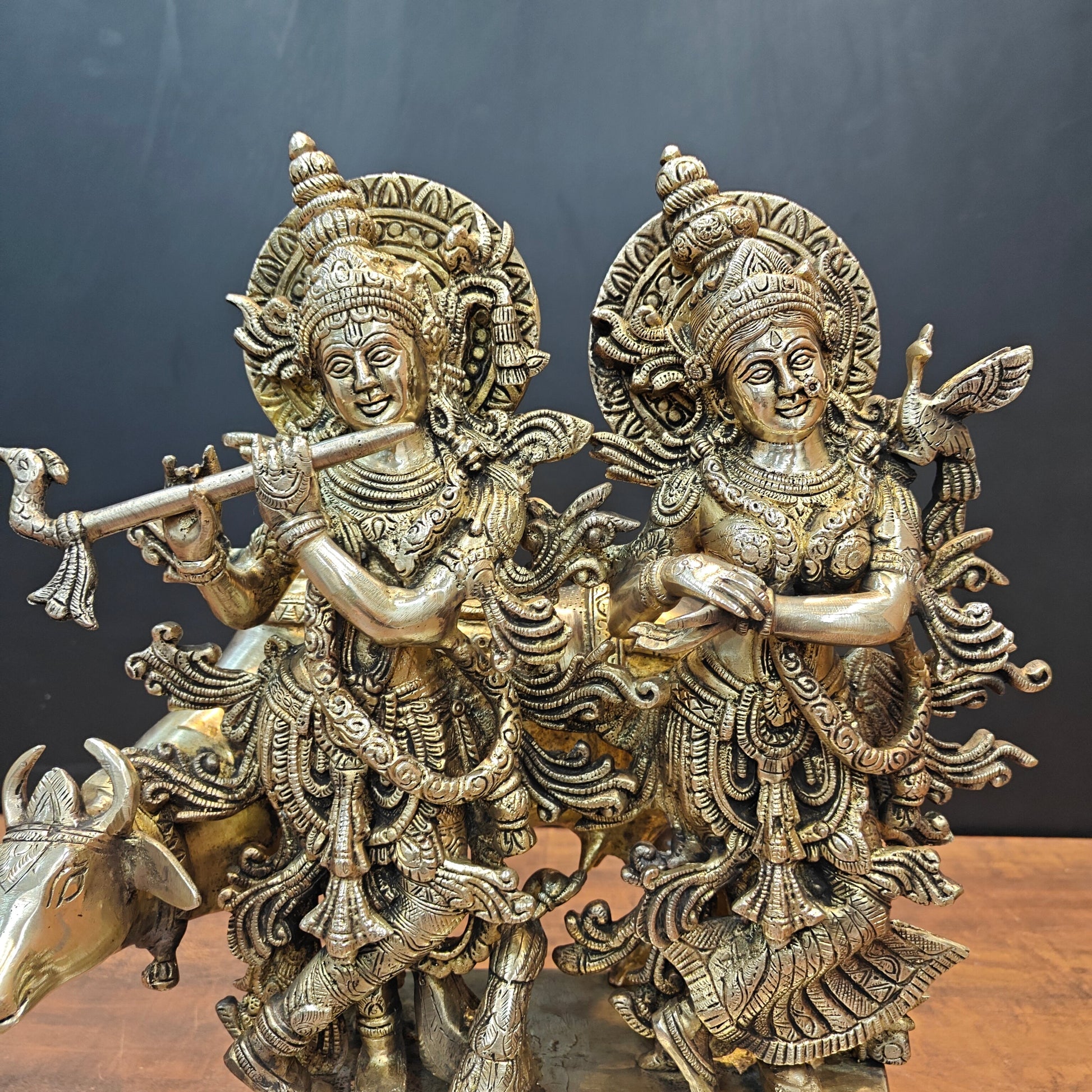 Brass Superfine Radha Krishna Idol with Cow 17 Inch - Image 2
