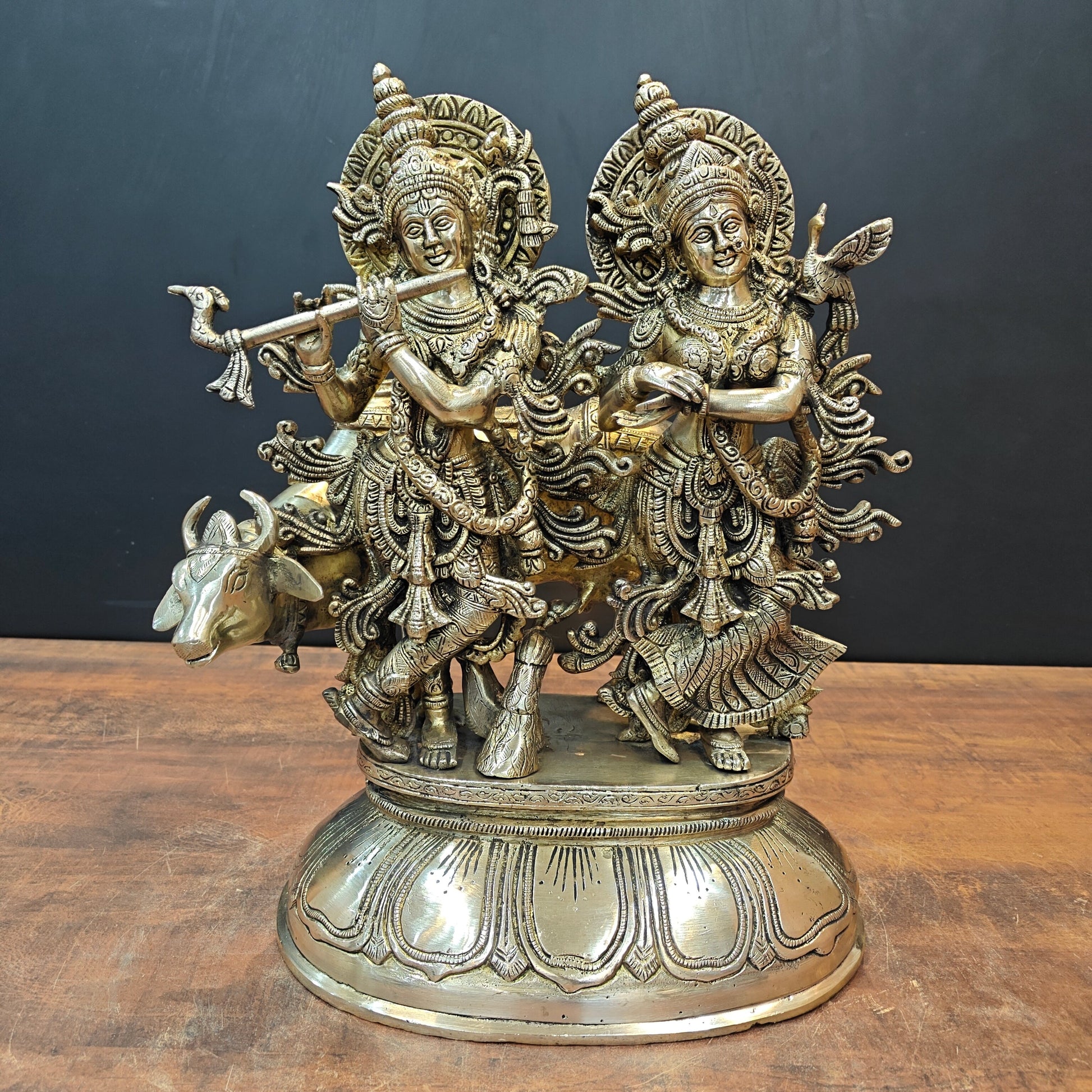 Brass Superfine Radha Krishna Idol with Cow 17 Inch - Image 3