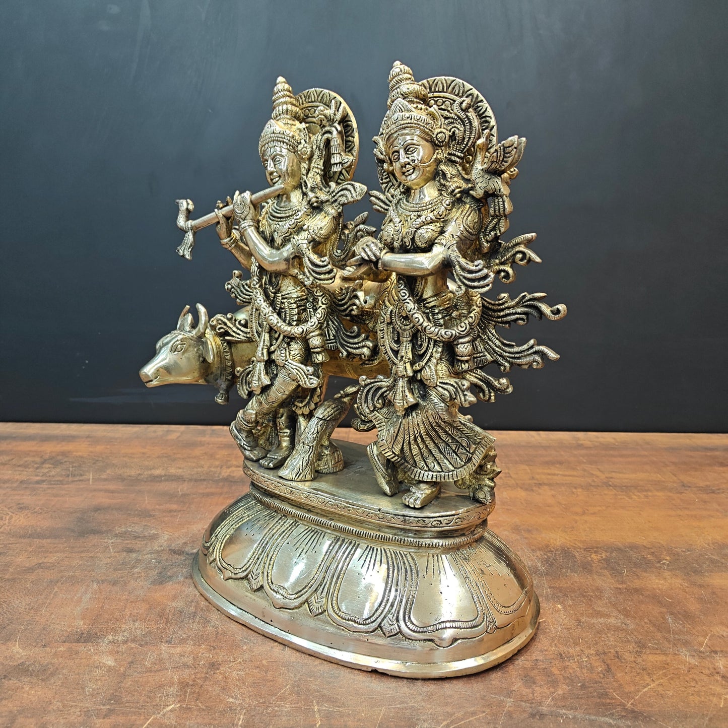 Brass Superfine Radha Krishna Idol with Cow 17 Inch