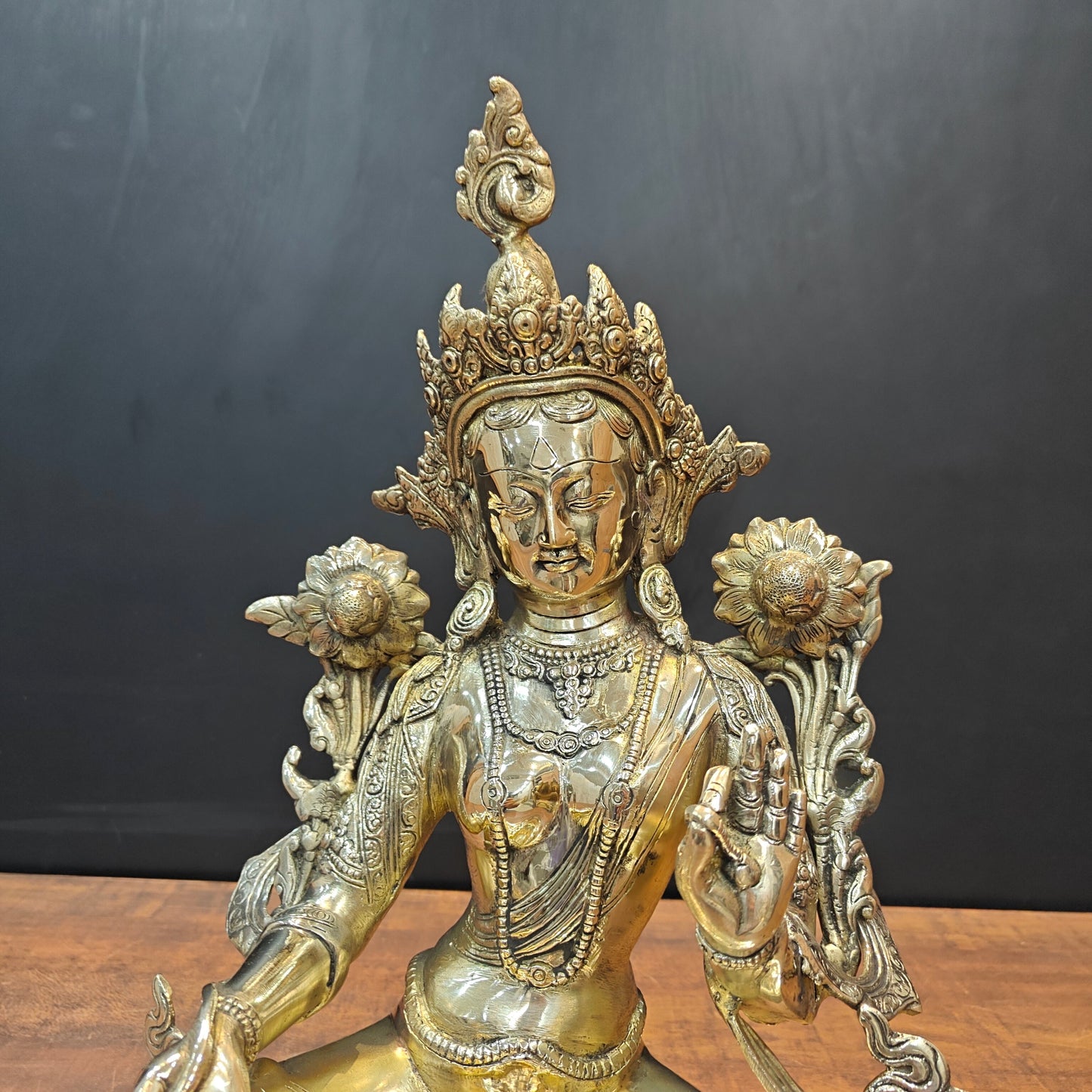 Brass Sitting Green Tara Statue Symbol Of Purity 19 Inches
