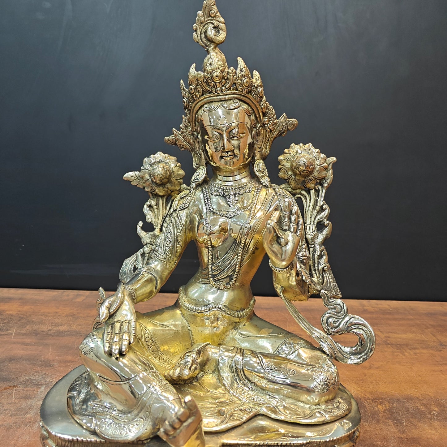 Brass Sitting Green Tara Statue Symbol Of Purity 19 Inches
