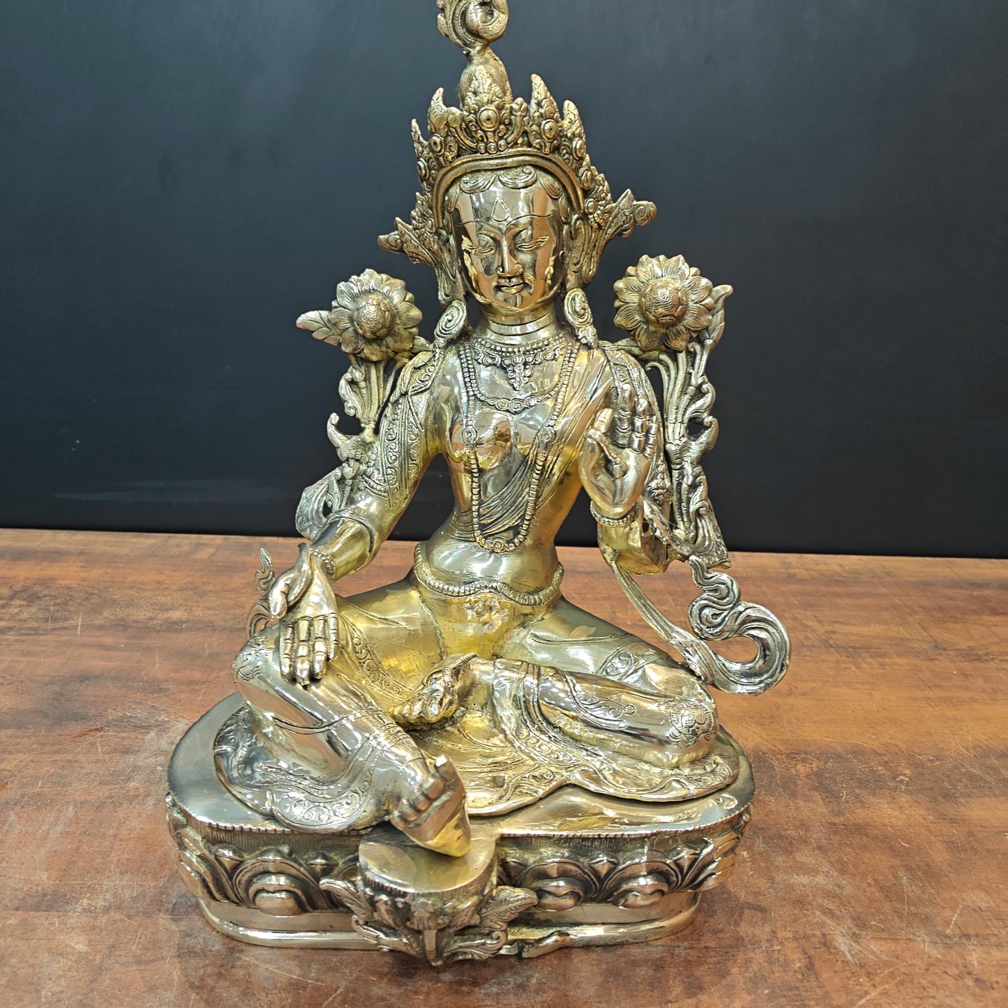 Brass Sitting Green Tara Statue Symbol Of Purity 19 Inches