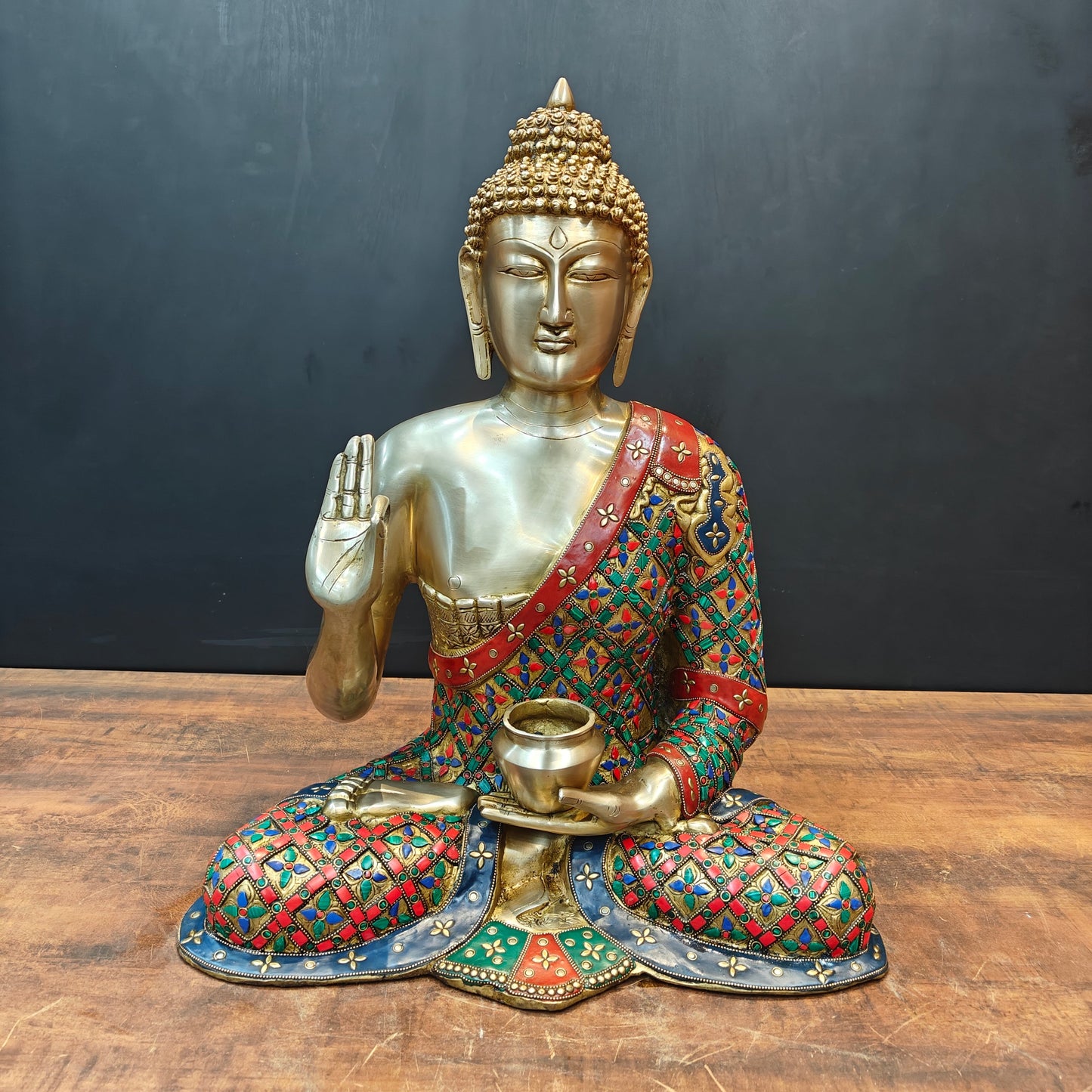 Brass Buddha Statue Aashirwaad Mudra Seated With Medicine Bowl 2 Feet