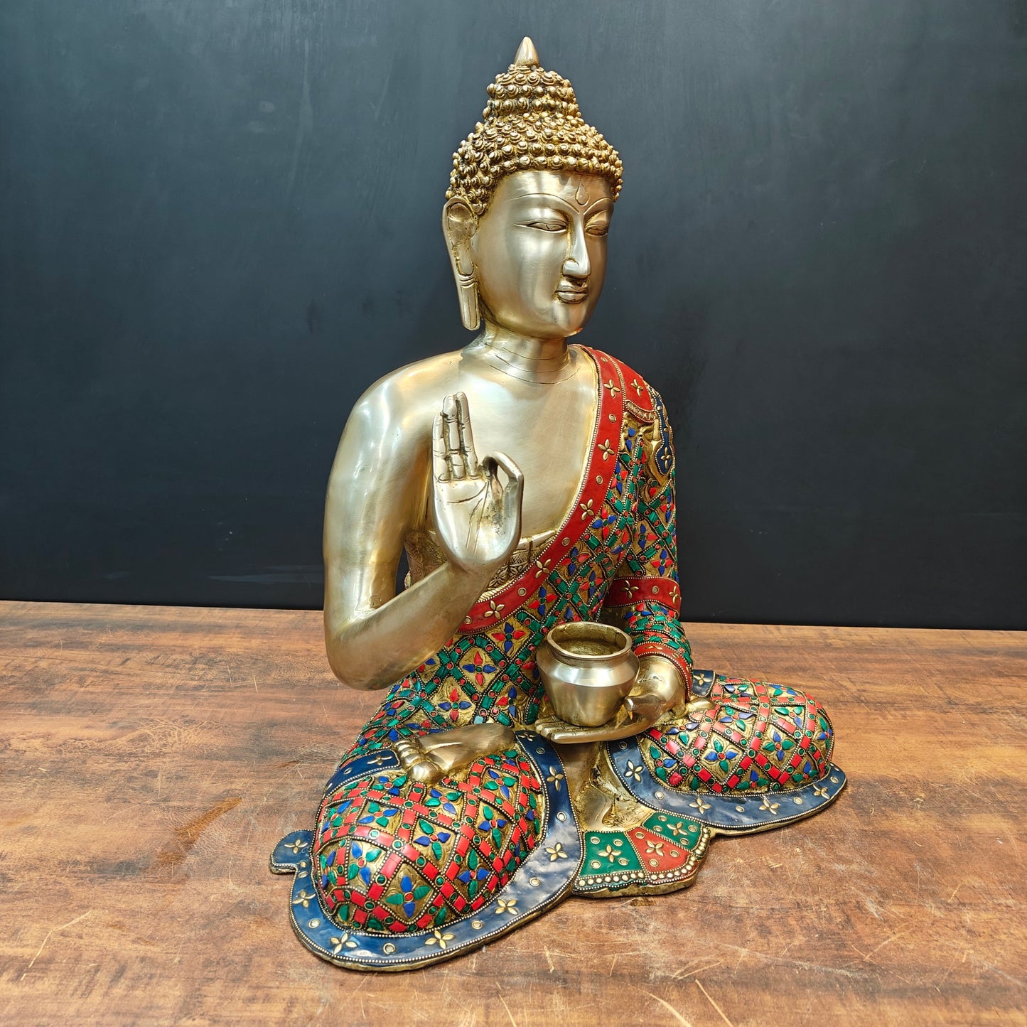 Brass Buddha Statue Aashirwaad Mudra Seated With Medicine Bowl 2 Feet