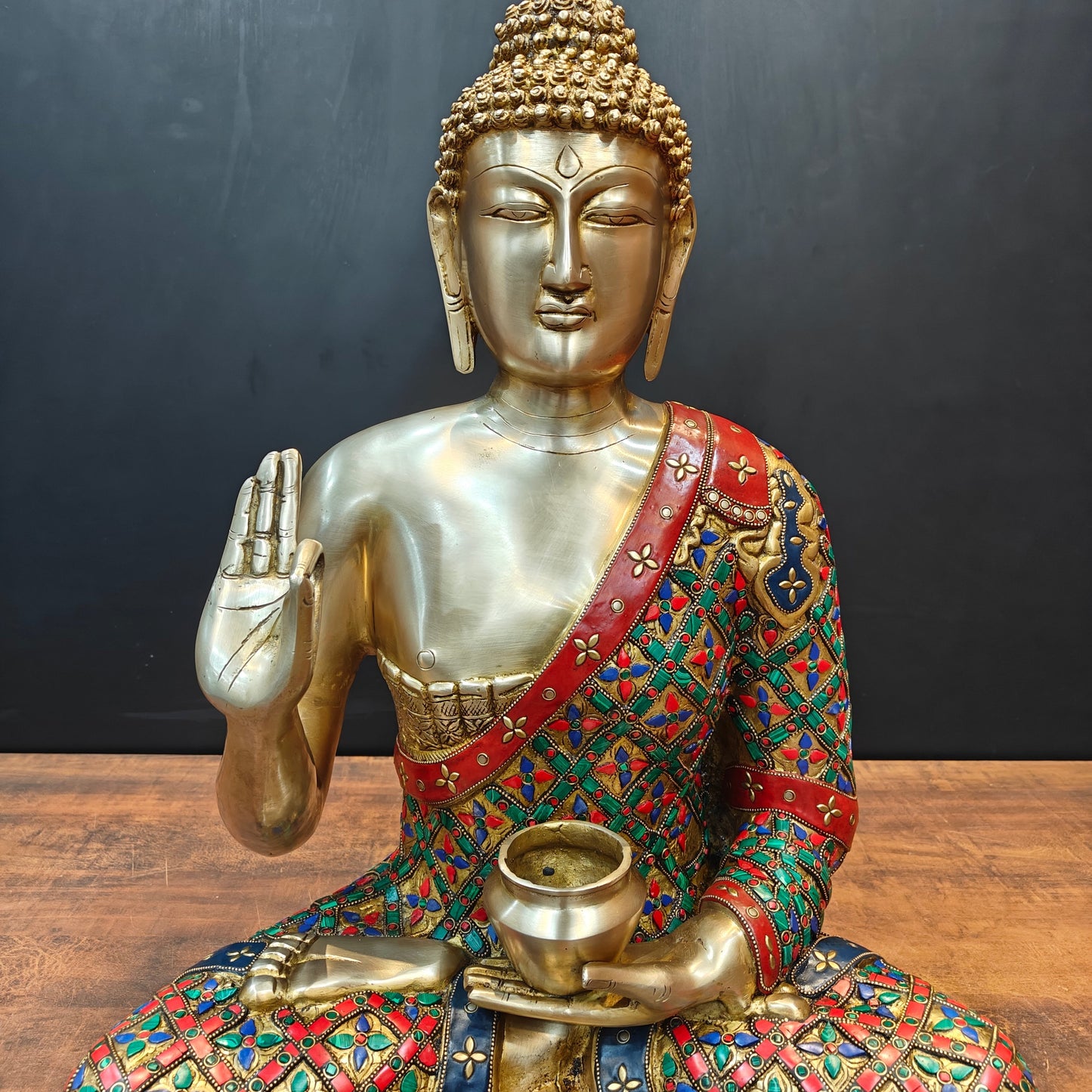 Brass Buddha Statue Aashirwaad Mudra Seated With Medicine Bowl 2 Feet