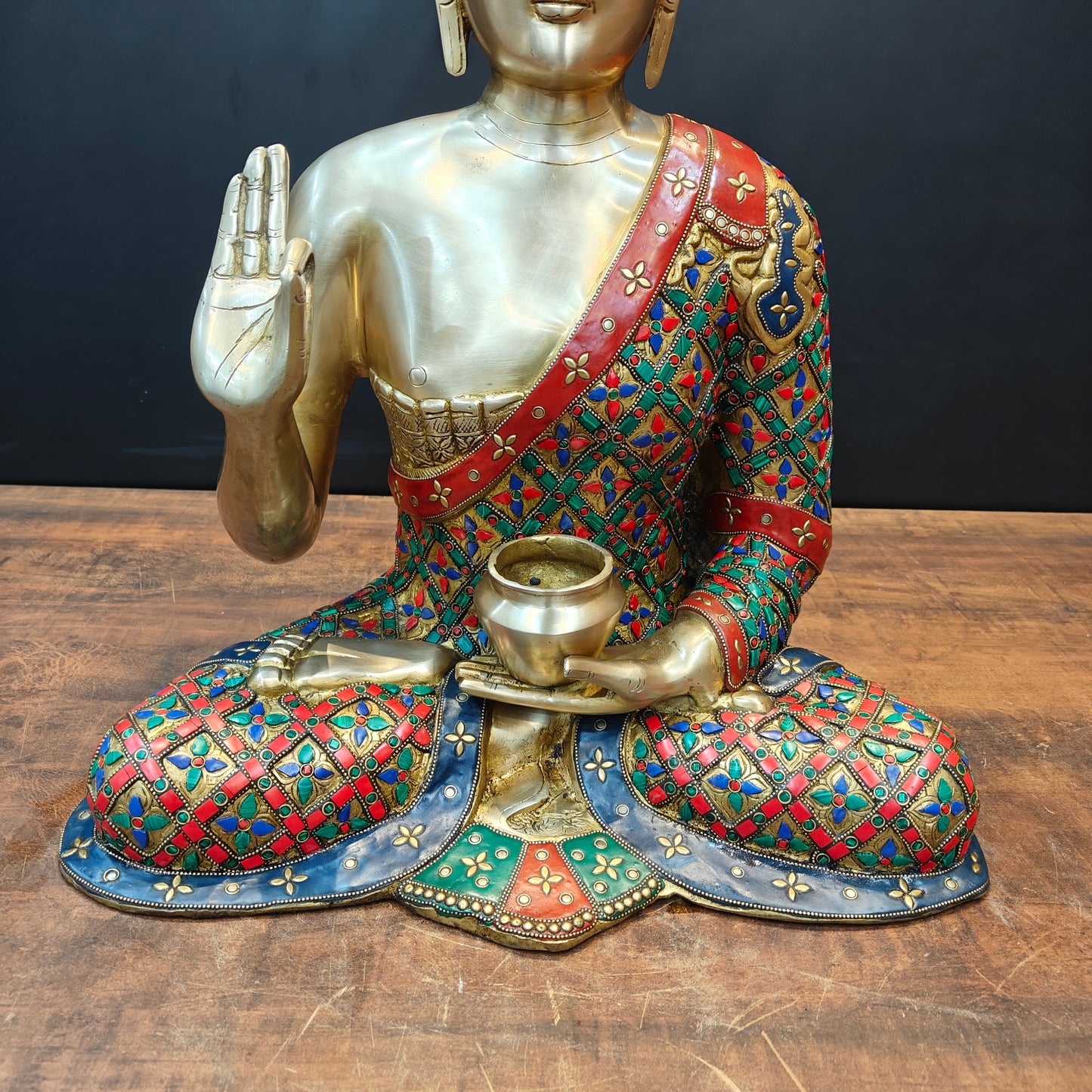 Brass Buddha Statue Aashirwaad Mudra Seated With Medicine Bowl 2 Feet