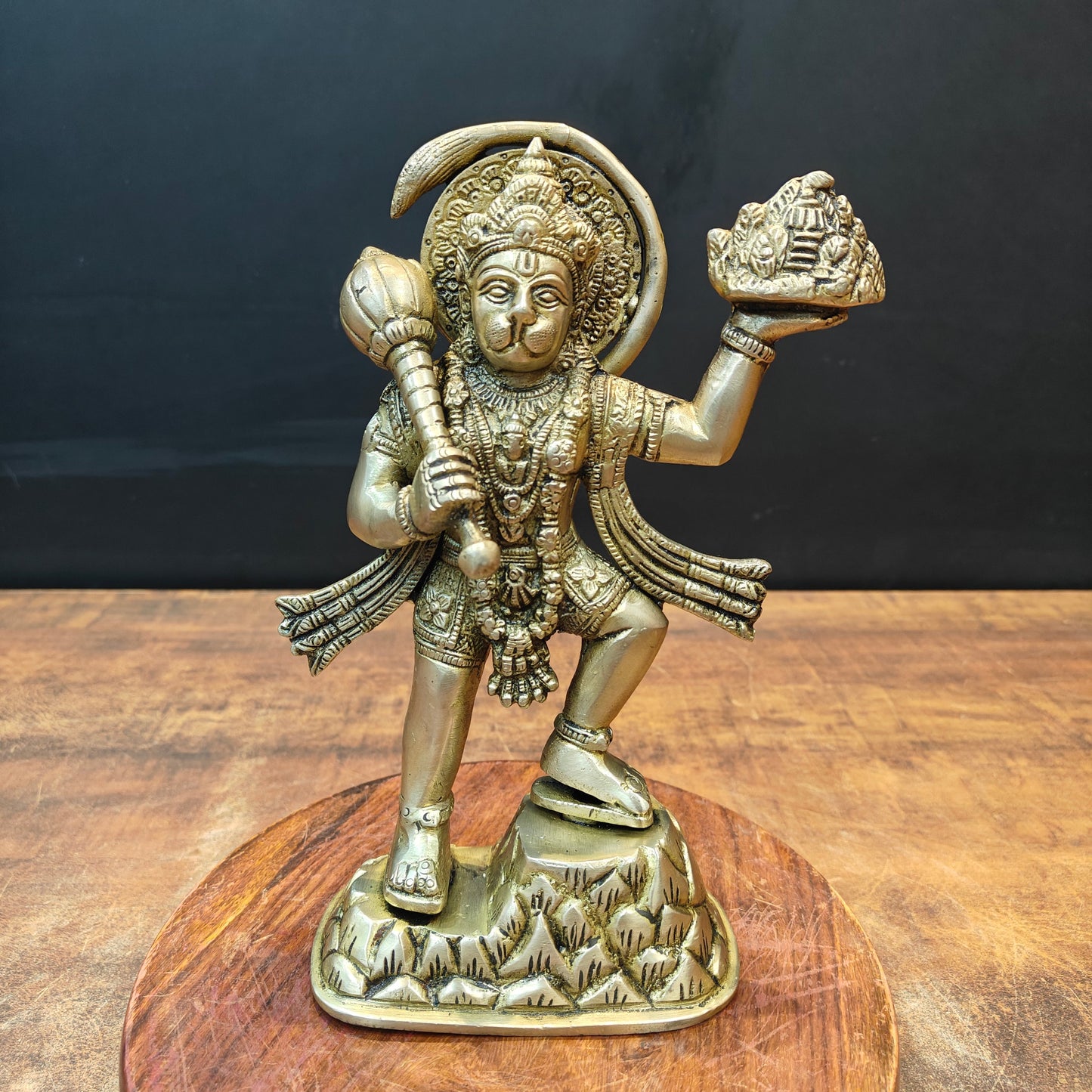 Brass Mahabali Hanuman Statue Carrying Mountain 9 Inch
