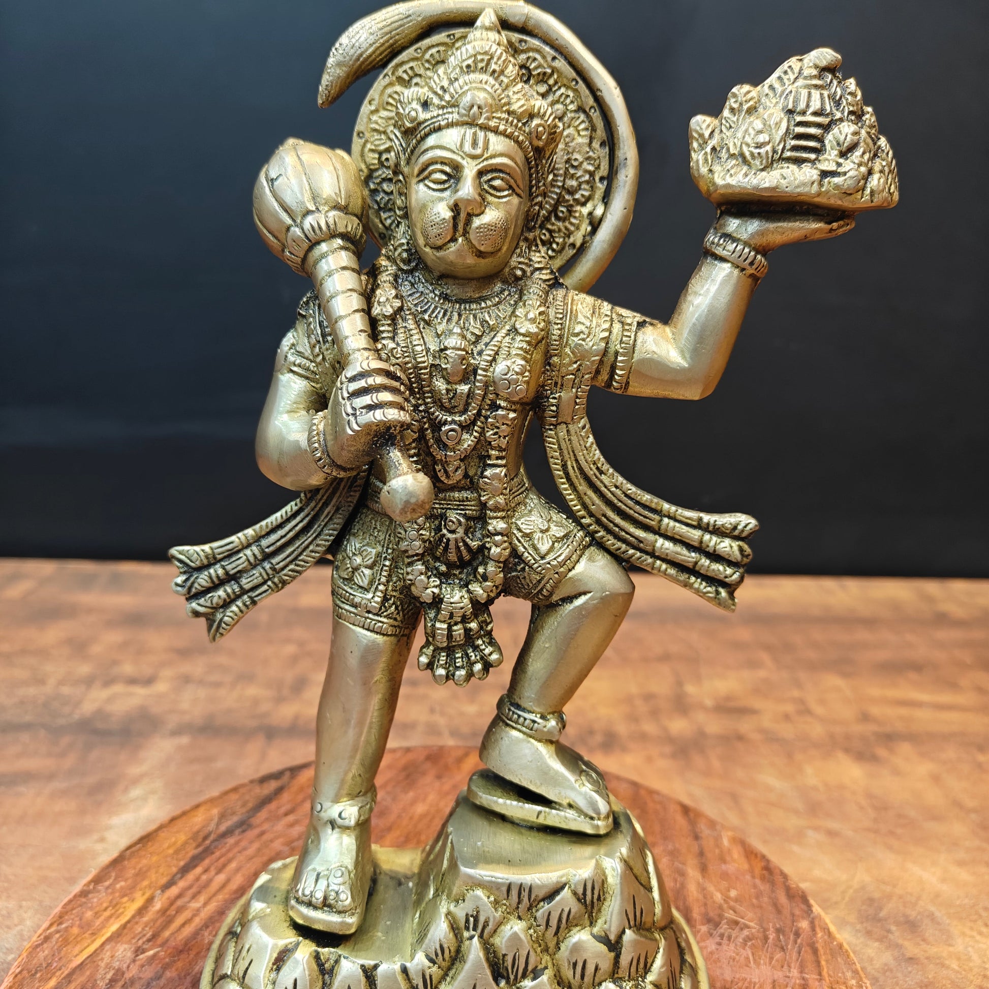 Brass Mahabali Hanuman Statue Carrying Mountain 9 Inch - Image 4