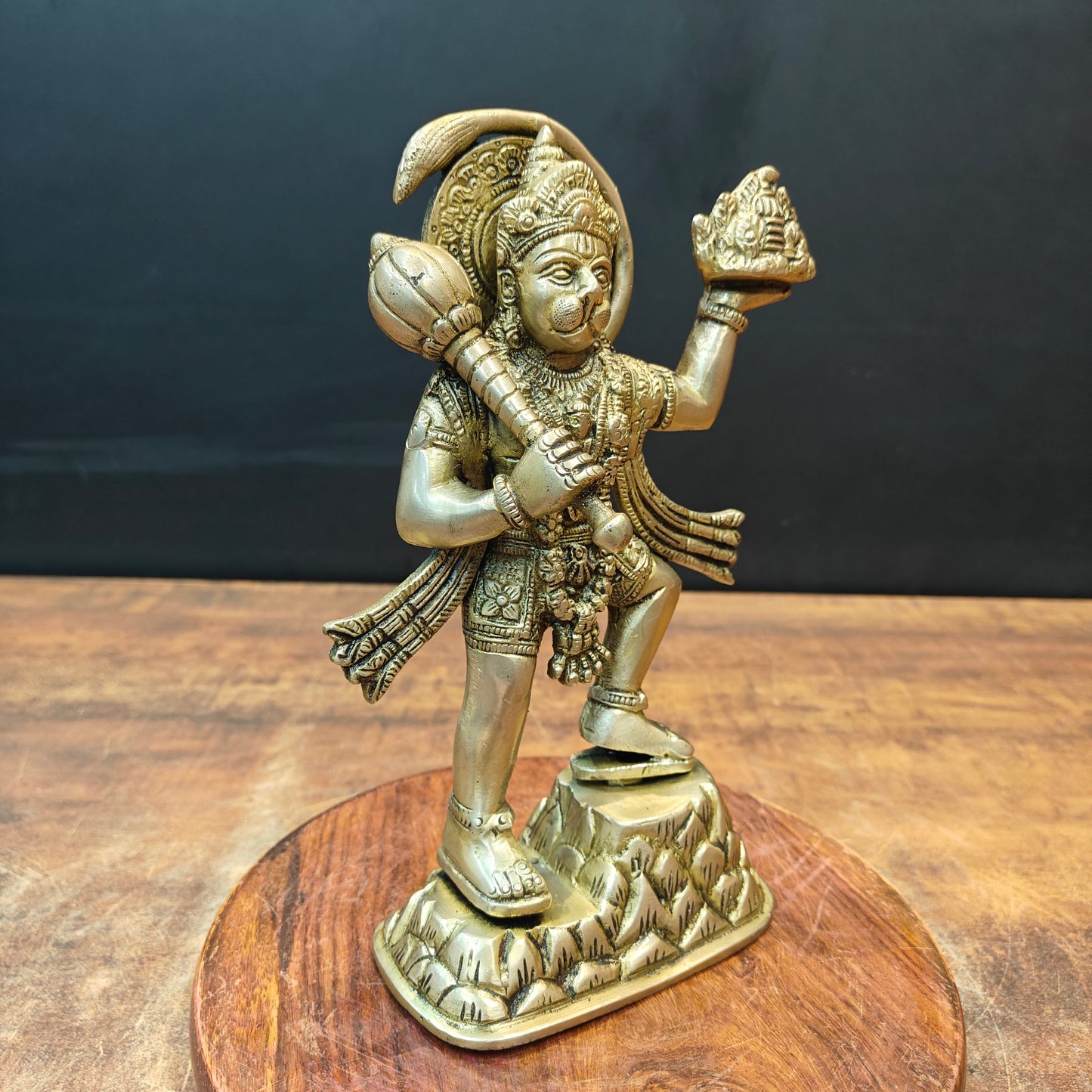 Brass Mahabali Hanuman Statue Carrying Mountain 9 Inch