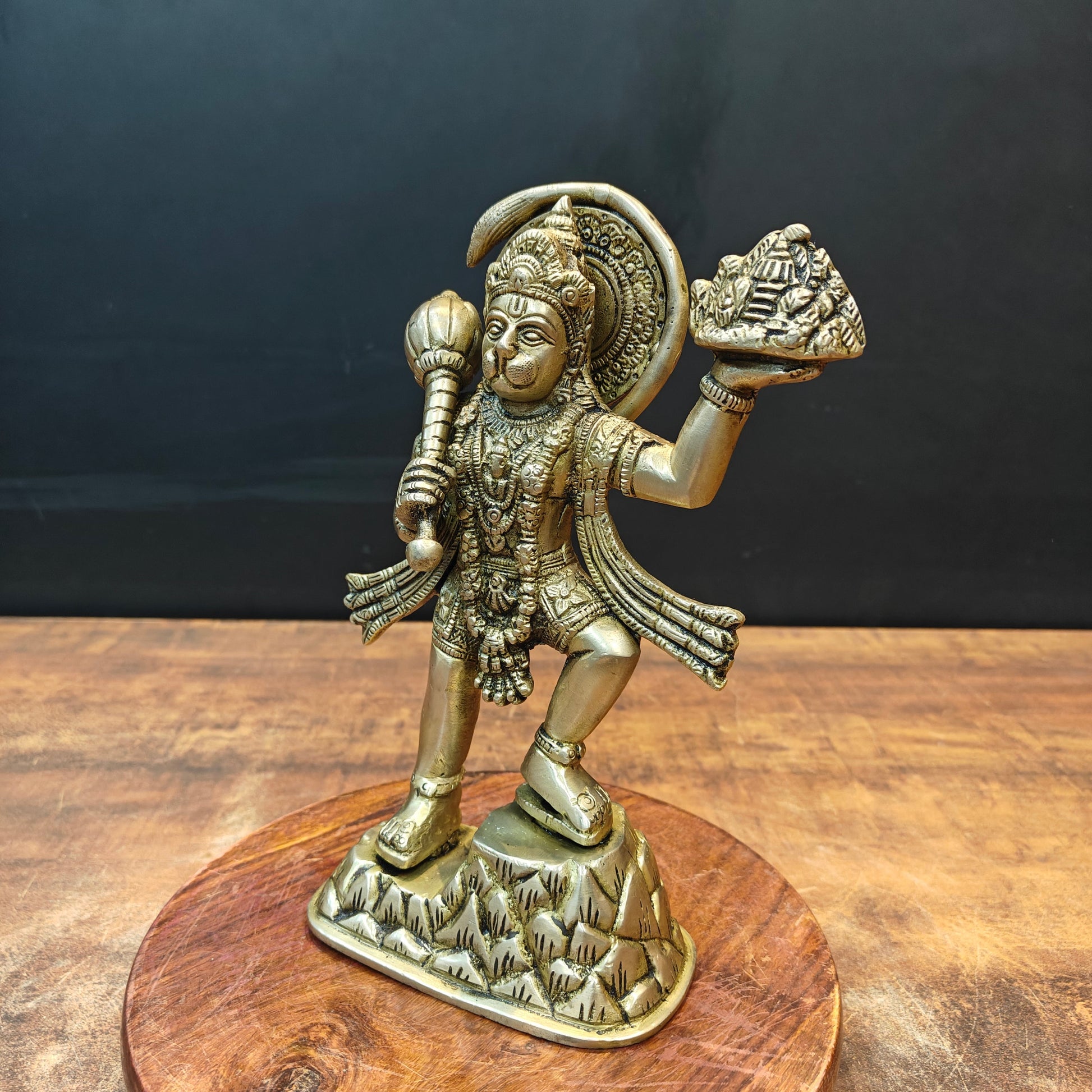 Brass Mahabali Hanuman Statue Carrying Mountain 9 Inch - Image 6