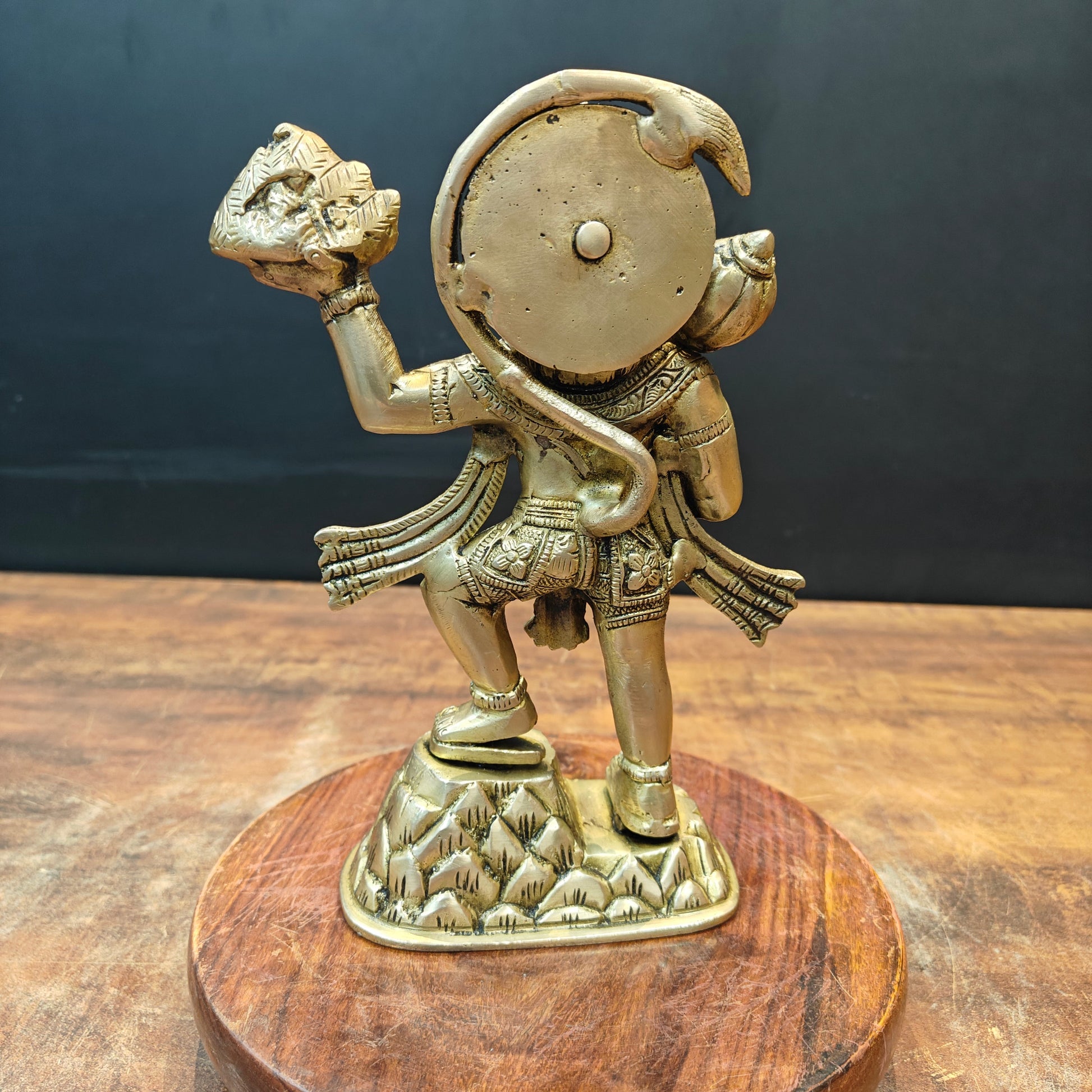 Brass Mahabali Hanuman Statue Carrying Mountain 9 Inch - Image 7