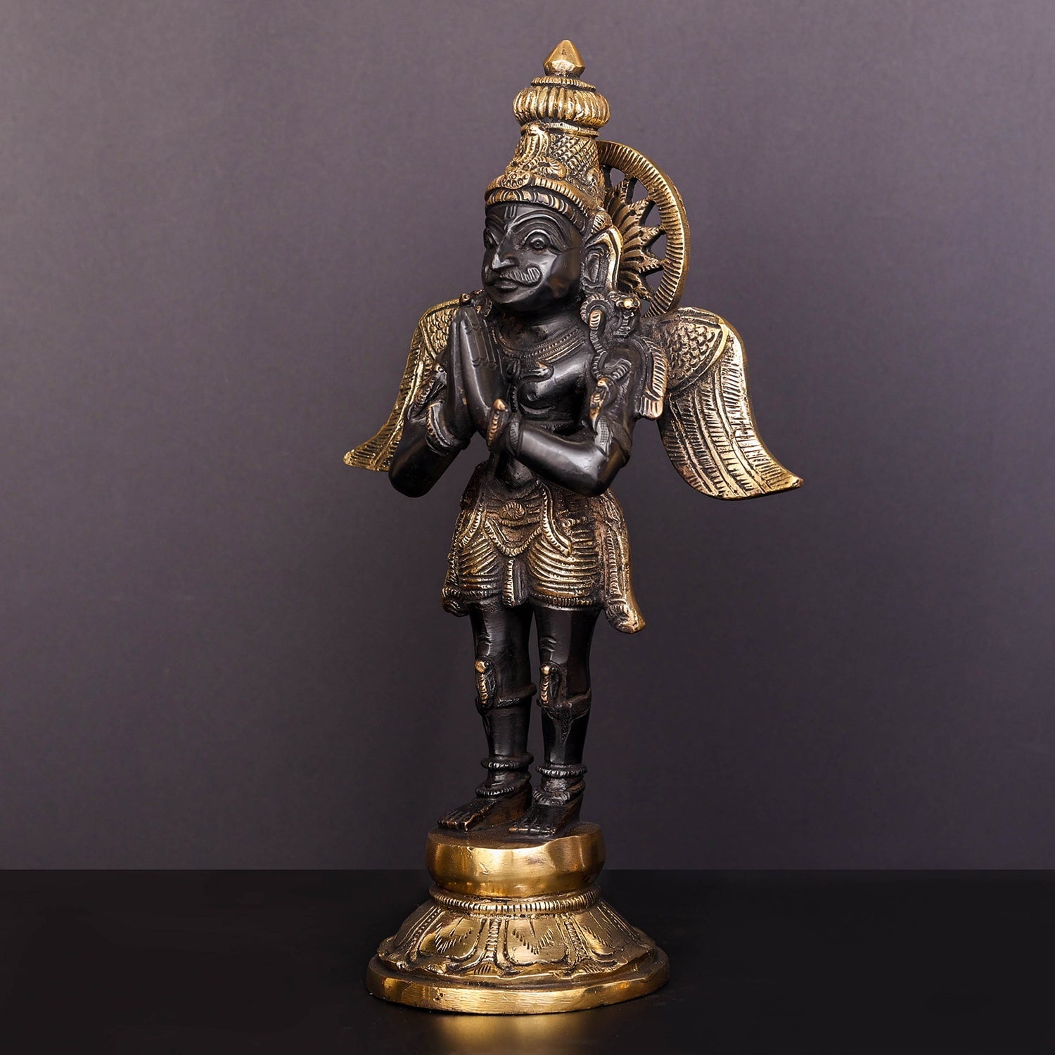 Brass Standing Garuda Idol Antique Finish Vishnu Vahana 12 Inch - Image 4