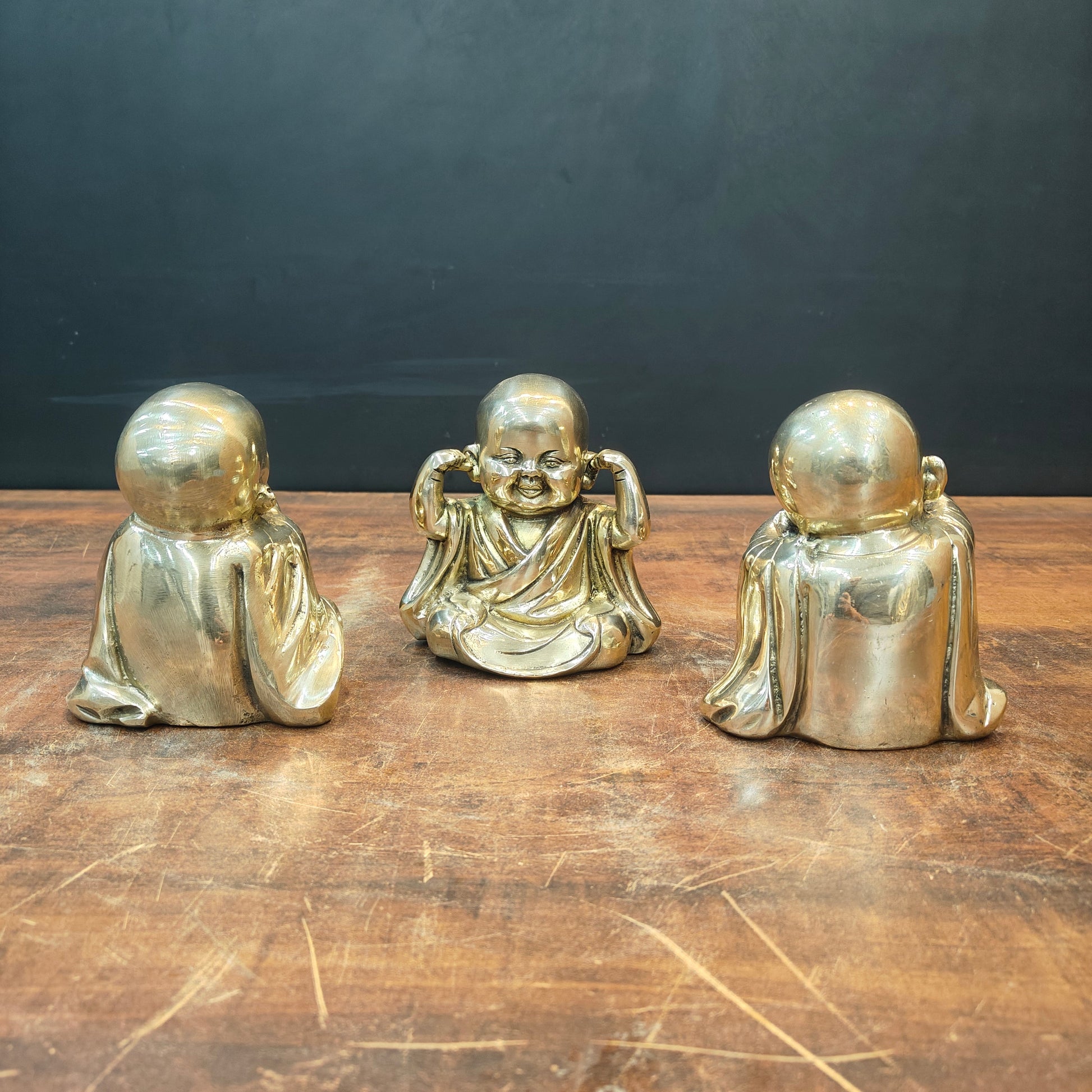 Brass Monks Baby Buddha Statues Set of 3 Wise Figurines 5 Inches - Image 7