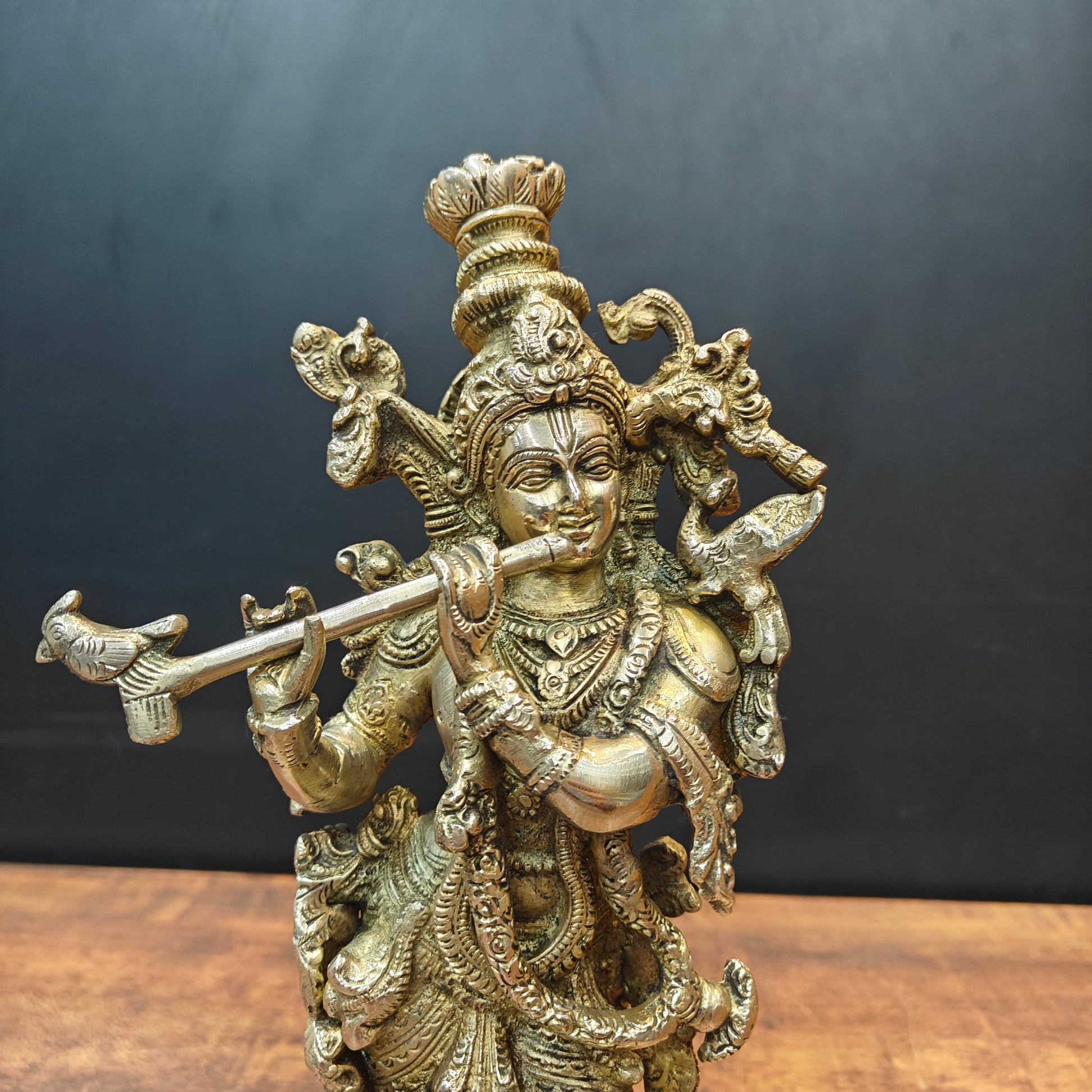 Brass Krishna Idol Playing Flute On Pedastal 14 Inch - Image 2