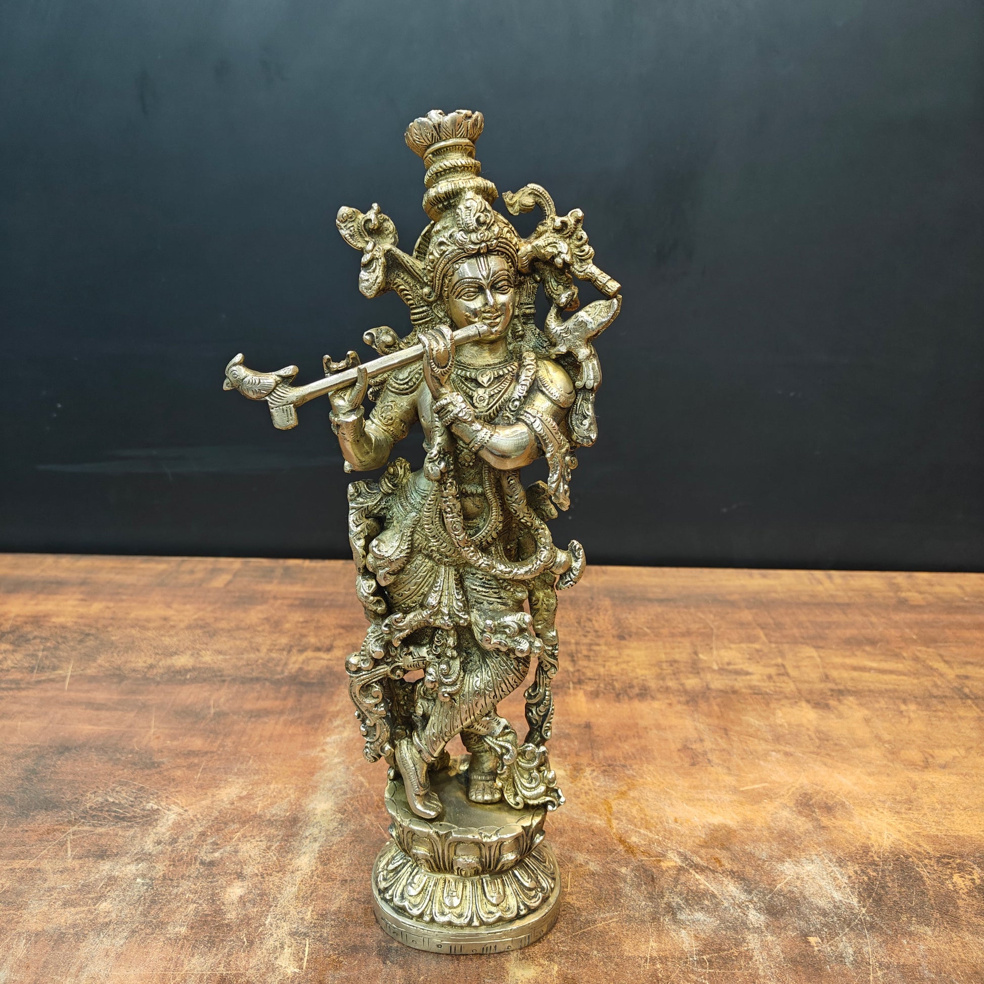 Brass Krishna Idol Playing Flute On Pedastal 14 Inch - Image 3