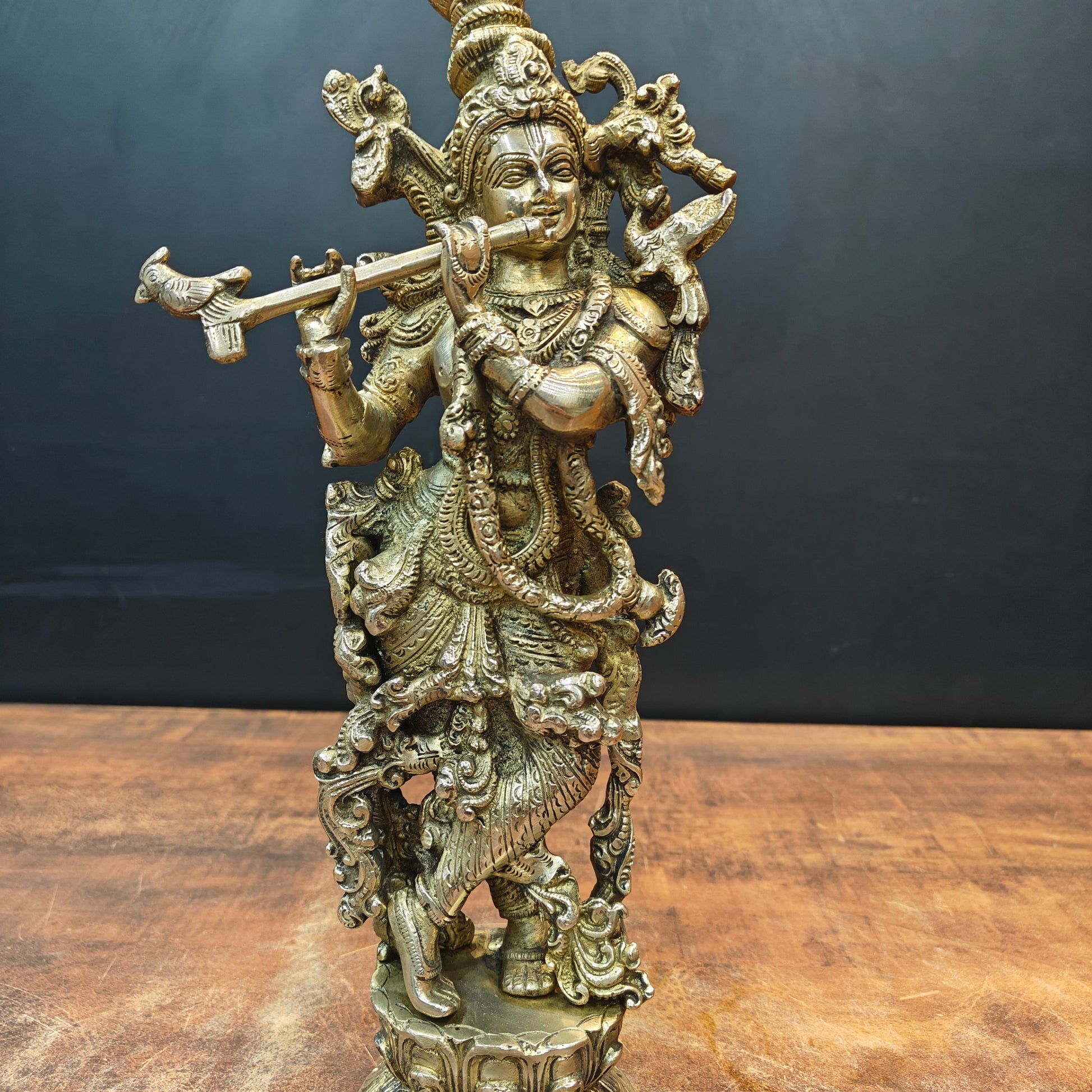 Brass Krishna Idol Playing Flute On Pedastal 14 Inch - Image 4
