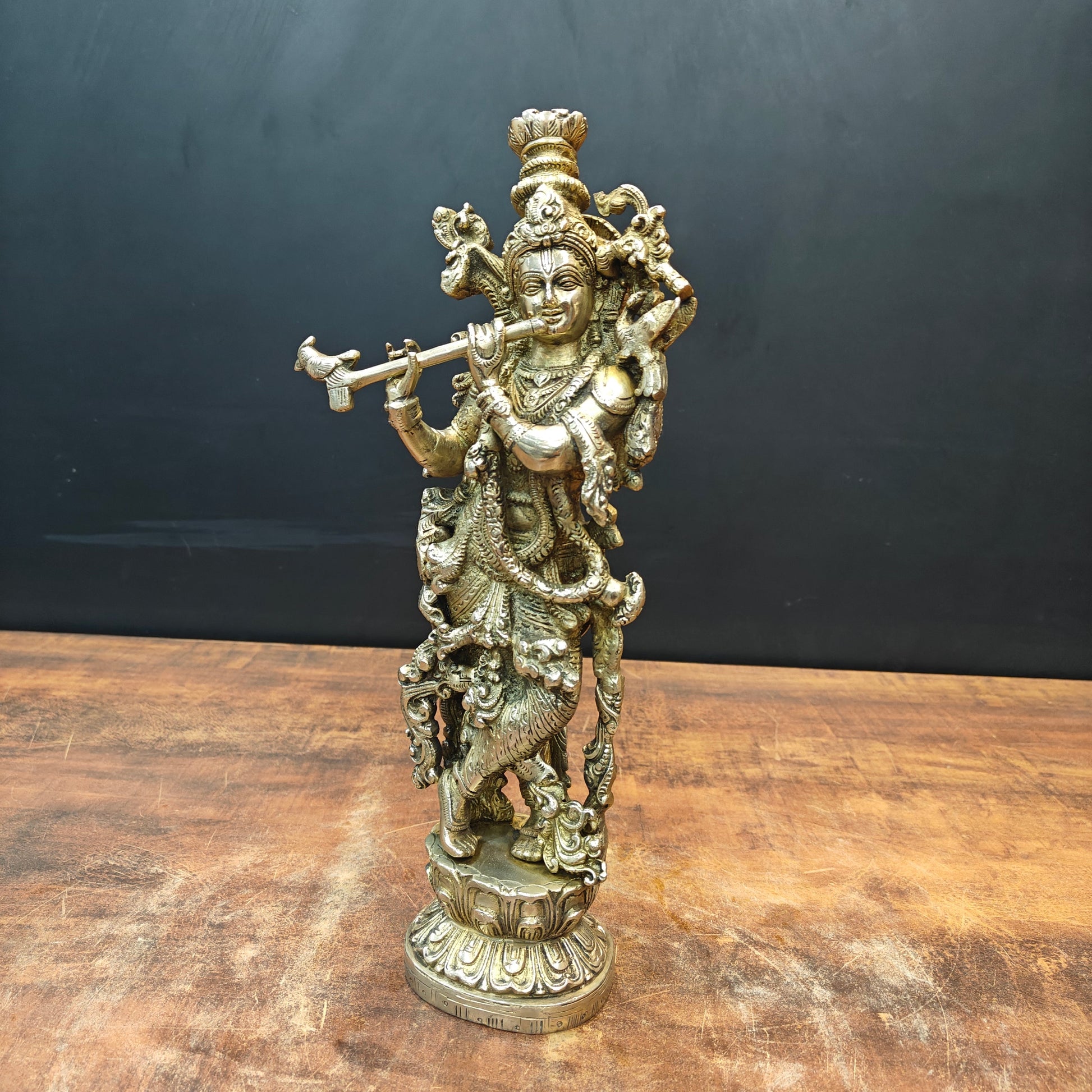 Brass Krishna Idol Playing Flute On Pedastal 14 Inch - Image 5