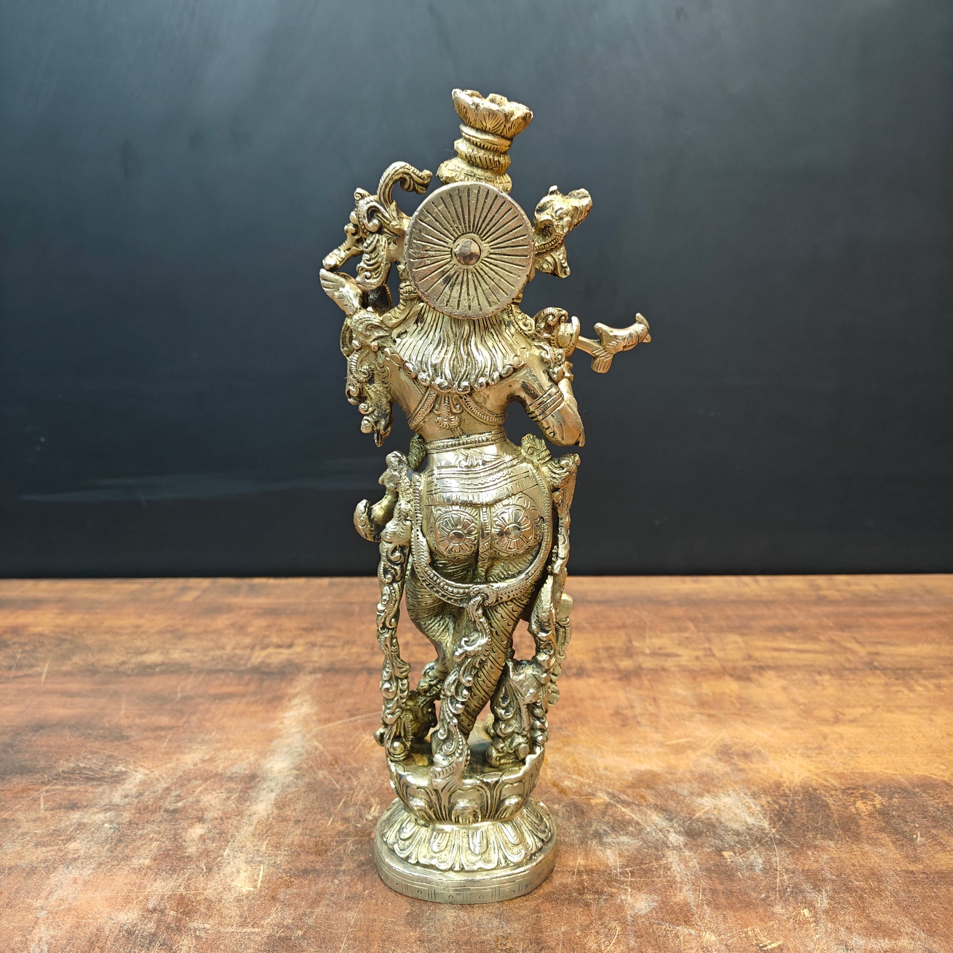 Brass Krishna Idol Playing Flute On Pedastal 14 Inch - Image 6