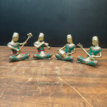 Brass Musicians Set of 4 With Natural Stone Work For Home Decor 6.5 Inch by vendor-unknown - Decor