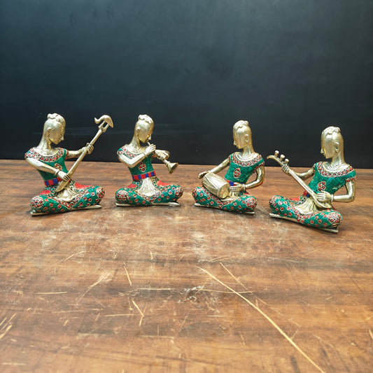 Brass Musicians Set of 4 With Natural Stone Work For Home Decor 6.5 Inch