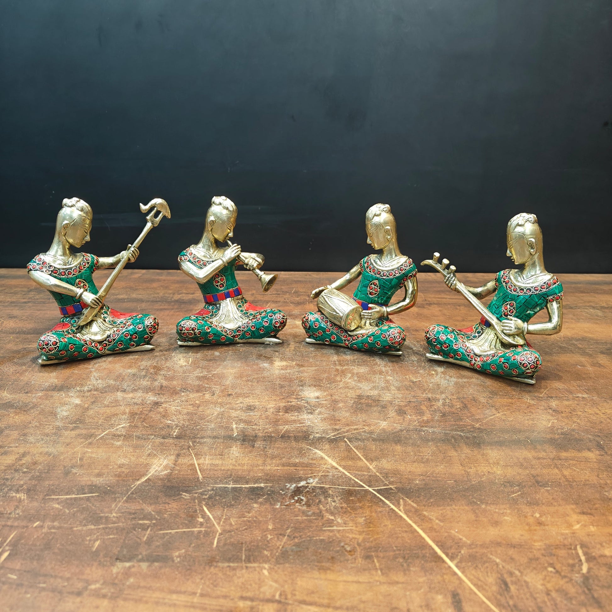 Brass Musicians Set of 4 With Natural Stone Work For Home Decor 6.5 Inch - Image 2