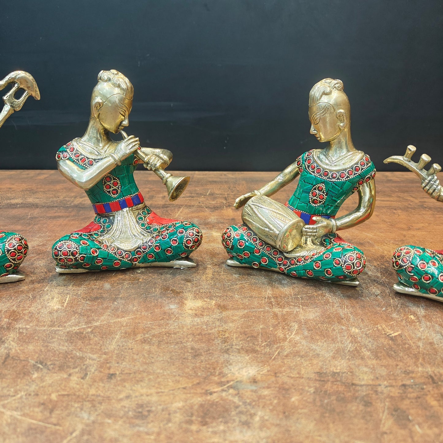 Brass Musicians Set of 4 With Natural Stone Work For Home Decor 6.5 Inch