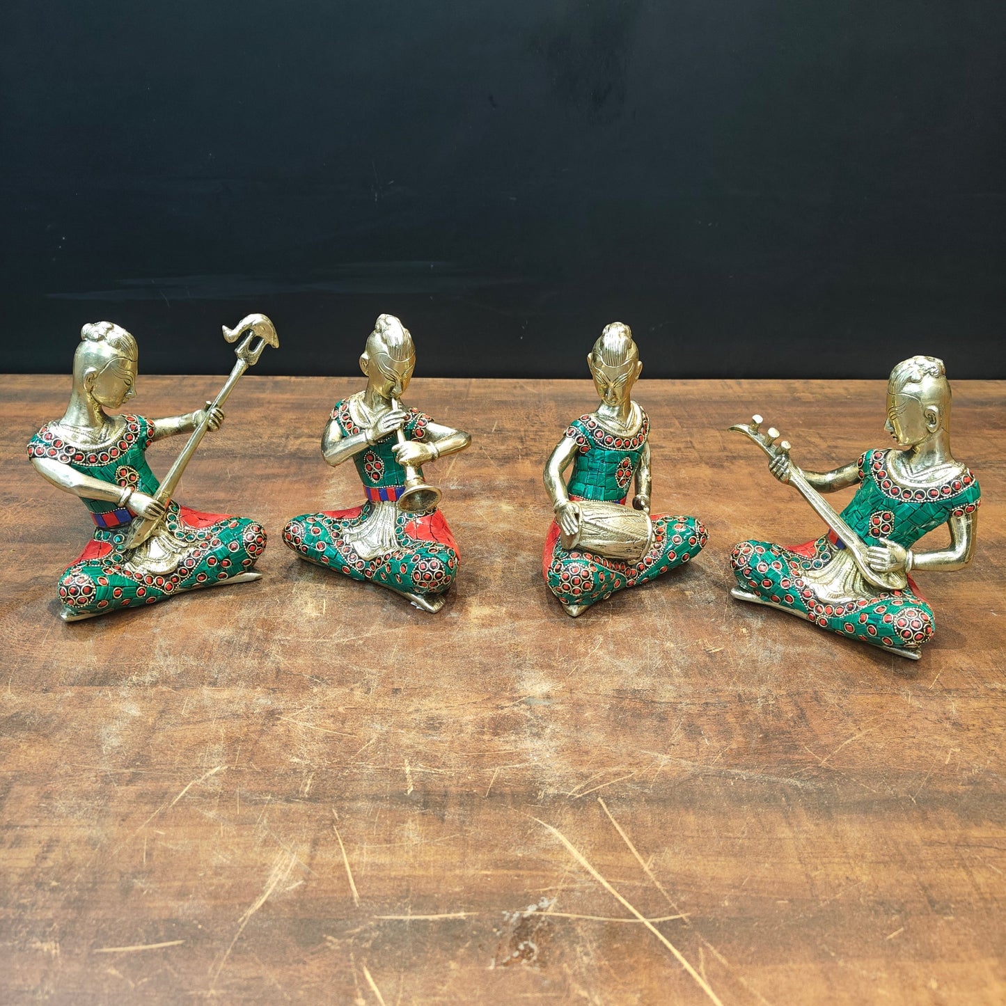 Brass Musicians Set of 4 With Natural Stone Work For Home Decor 6.5 Inch
