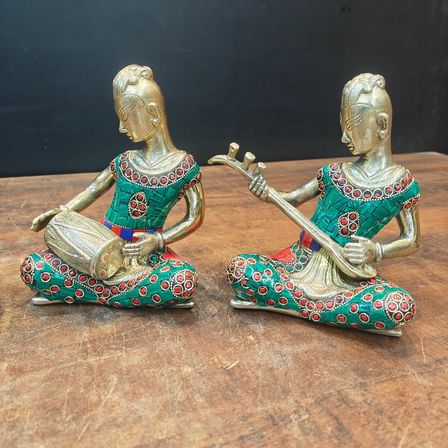 Brass Musicians Set of 4 With Natural Stone Work For Home Decor 6.5 Inch