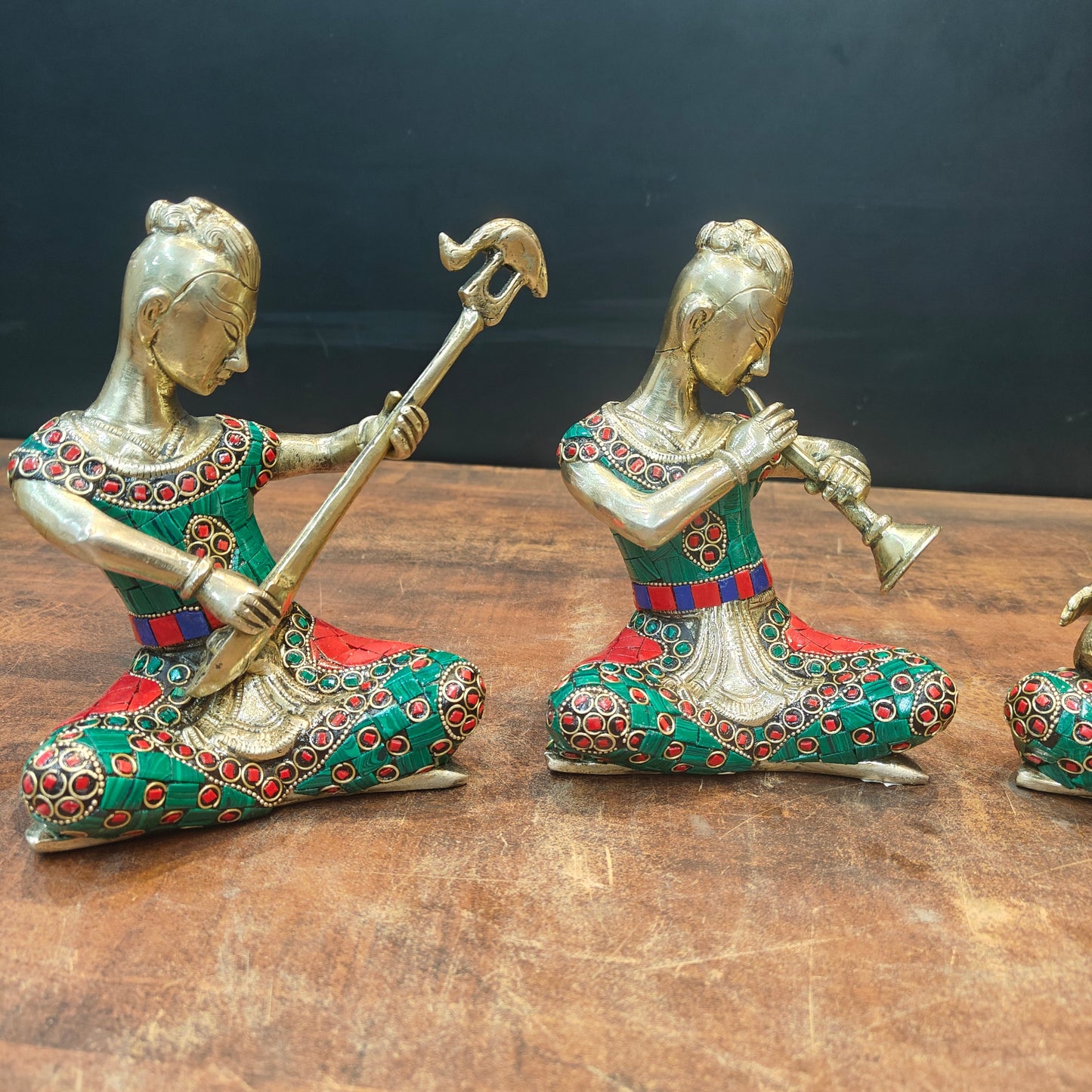Brass Musicians Set of 4 With Natural Stone Work For Home Decor 6.5 Inch
