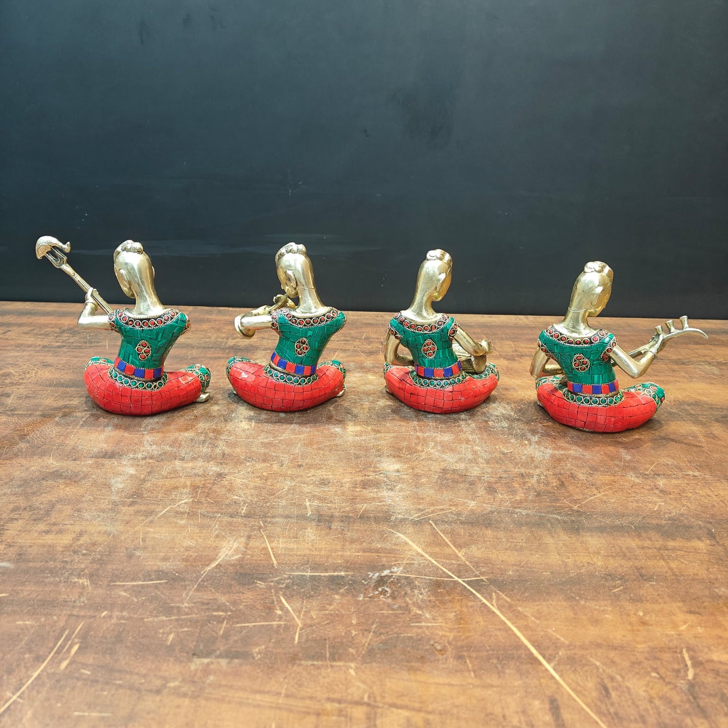 Brass Musicians Set of 4 With Natural Stone Work For Home Decor 6.5 Inch